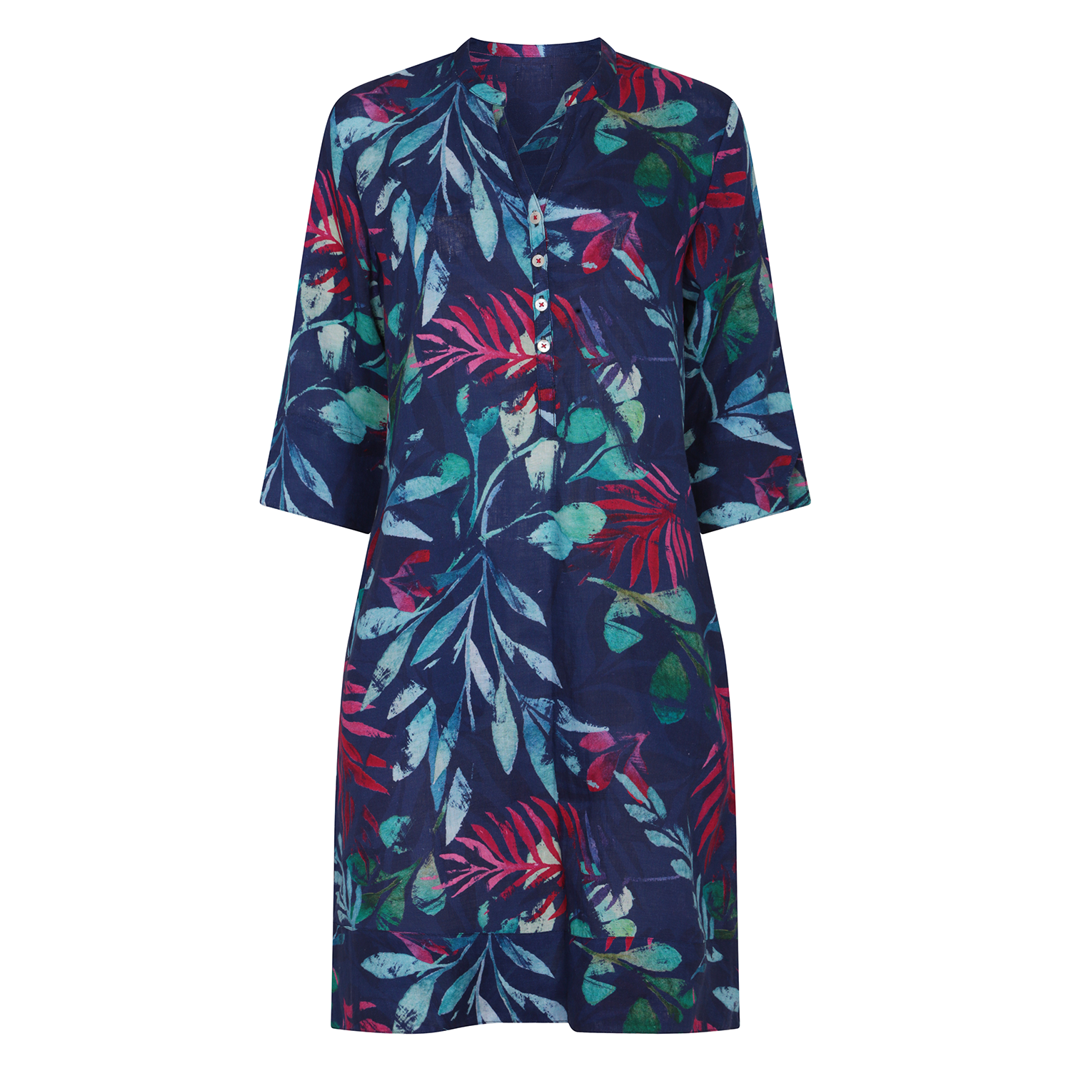 Leafy Tropic Tunic Dress - Navy Blue