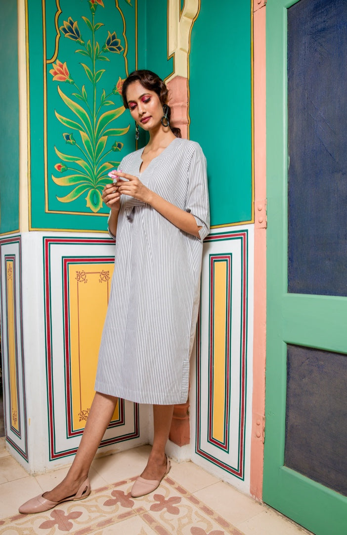 At-Ease Stripe Cotton Midi Dress - Gold and White