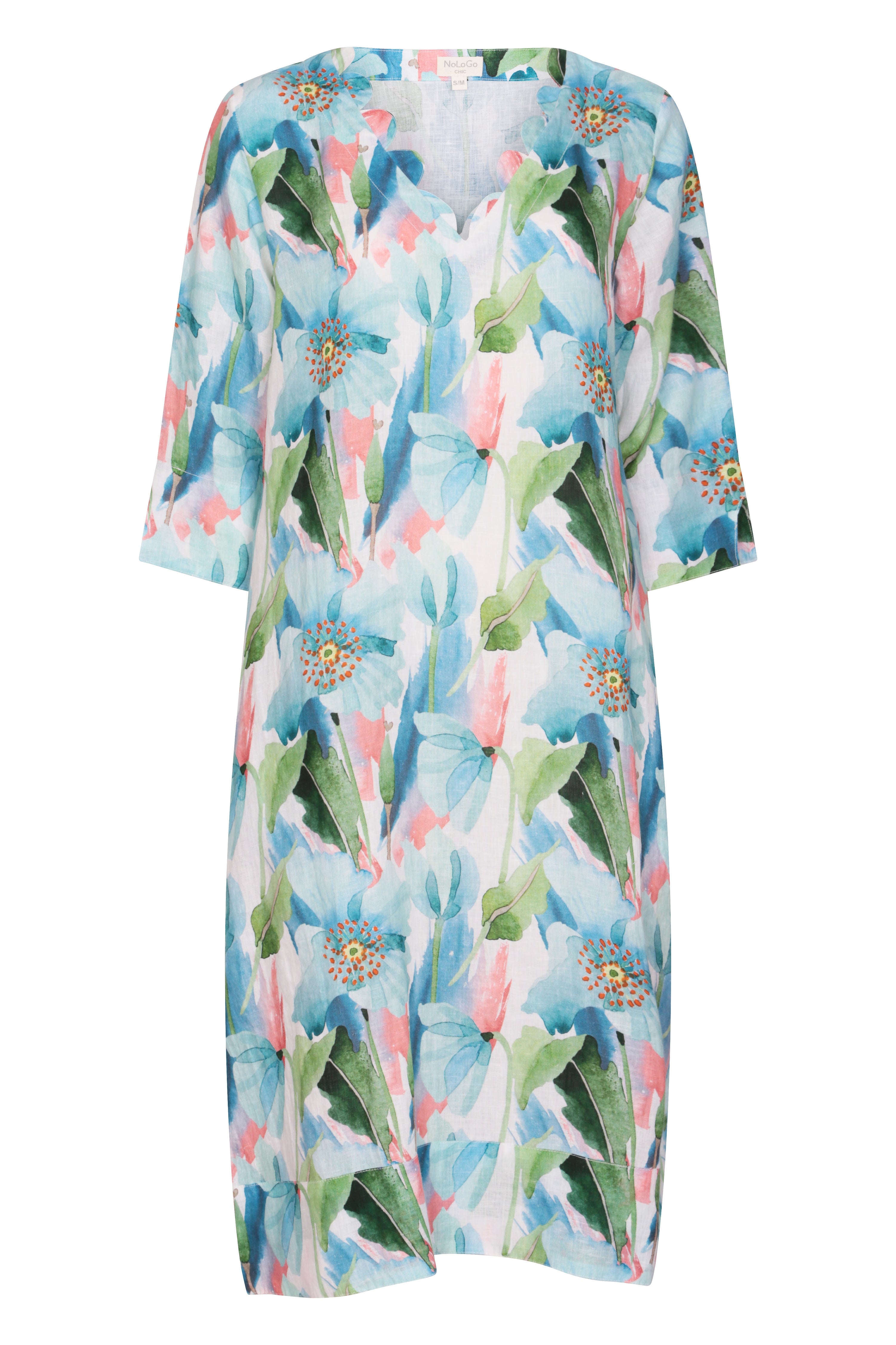 Tulip Poppy Scallop V Neck Dress Linen Blue