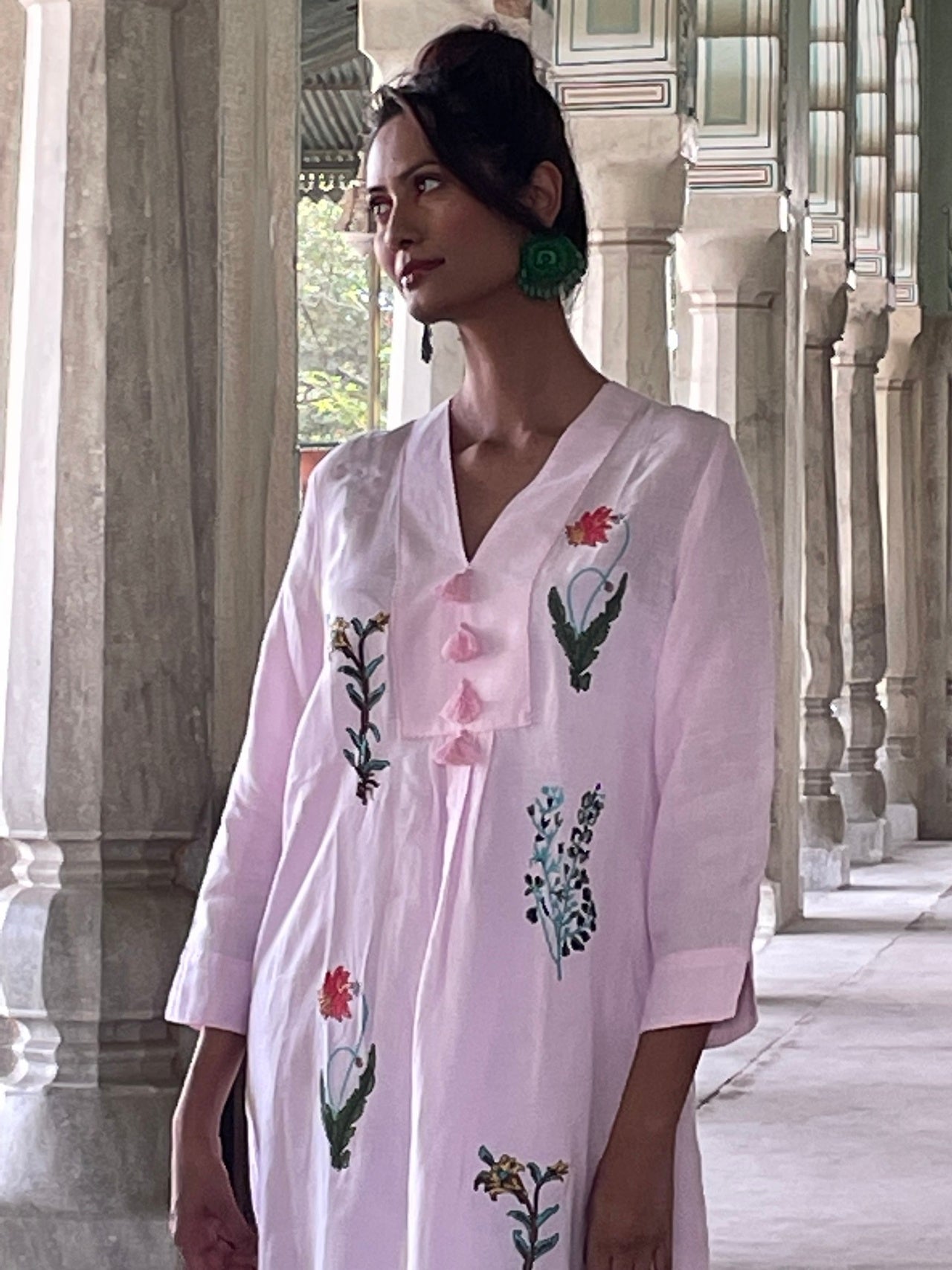 Botanical Embroidered Linen Picot Midi Dress - Black