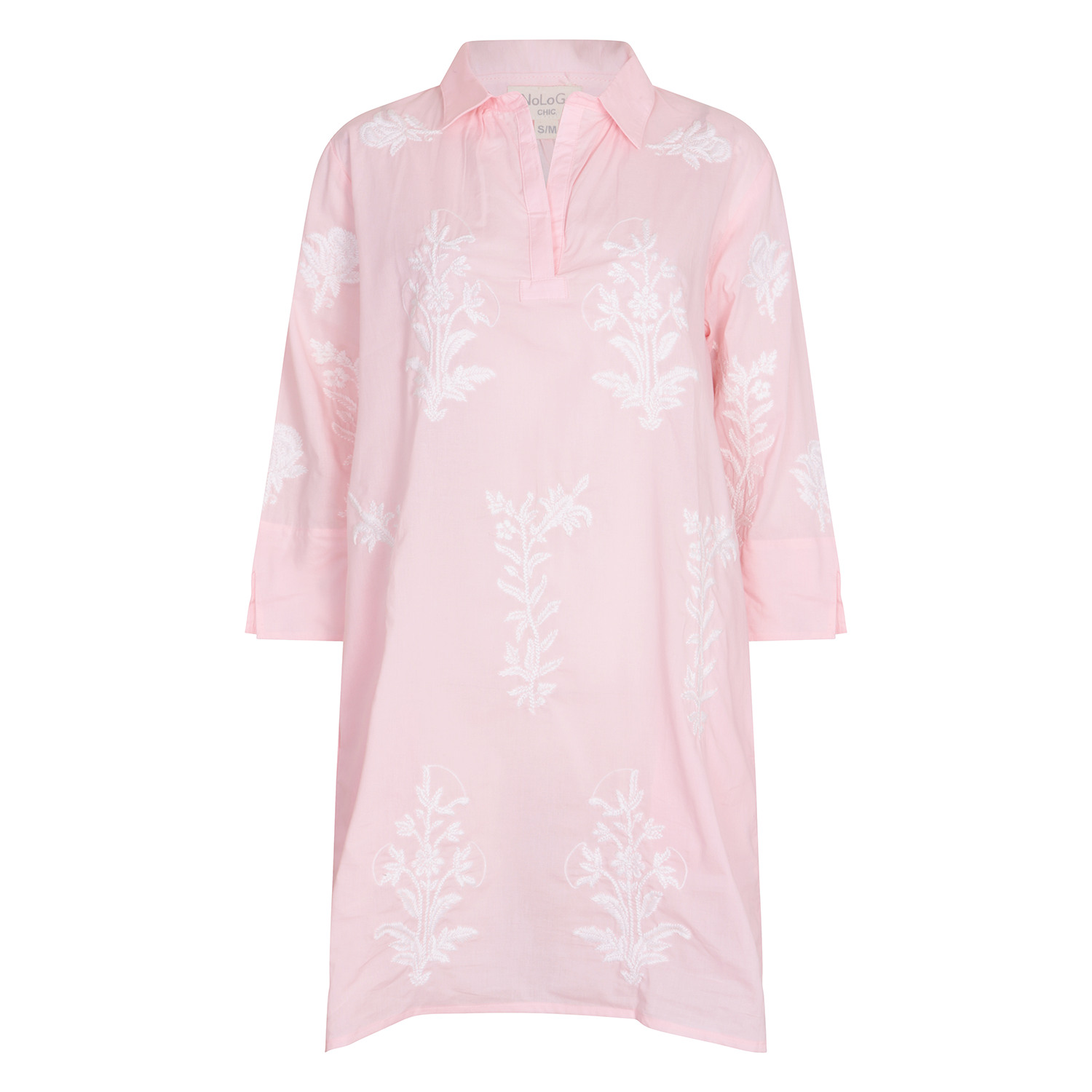 Short Tourist Dress with White Embroidery Cotton Pale Pink