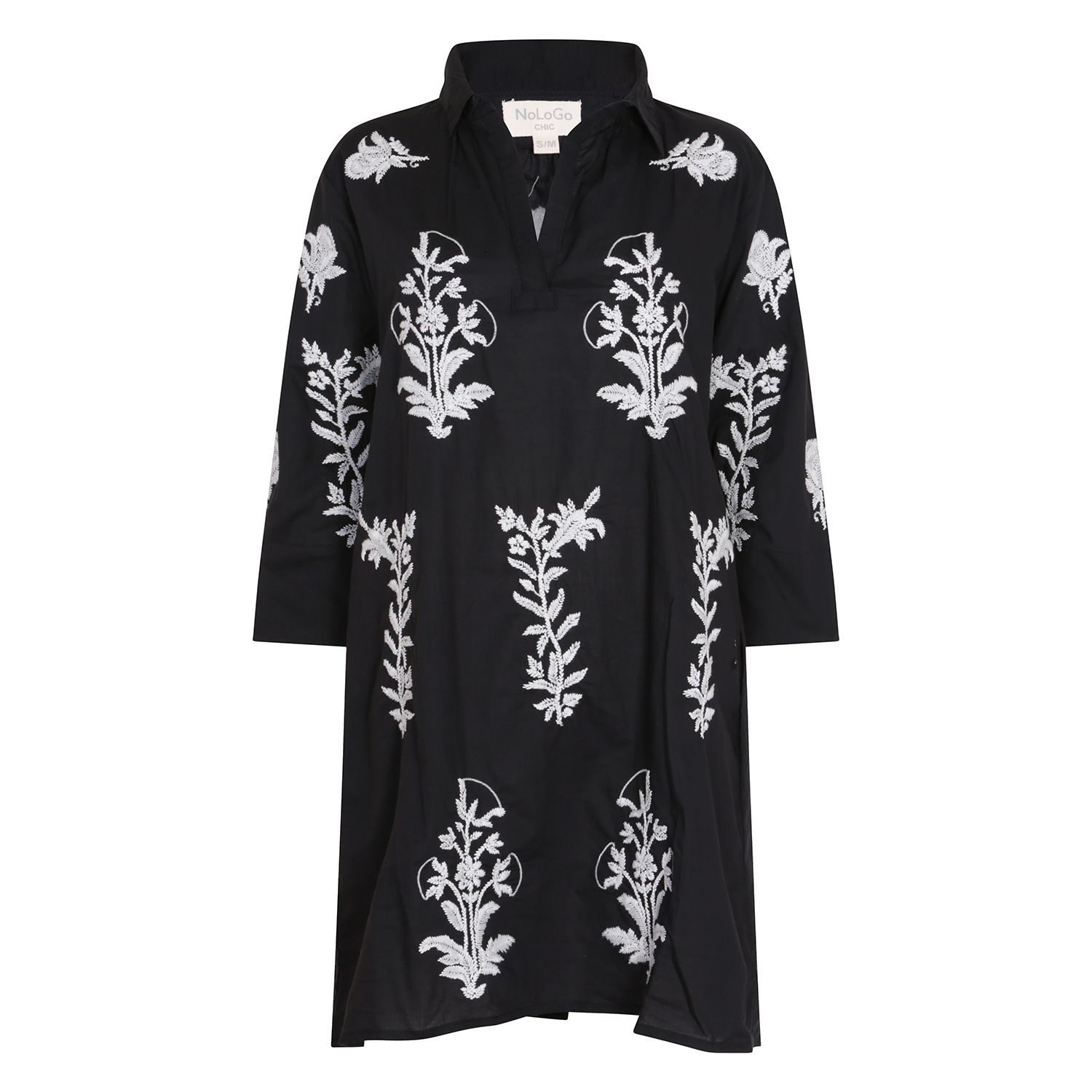 Short Tourist Dress with White Embroidery Cotton Black