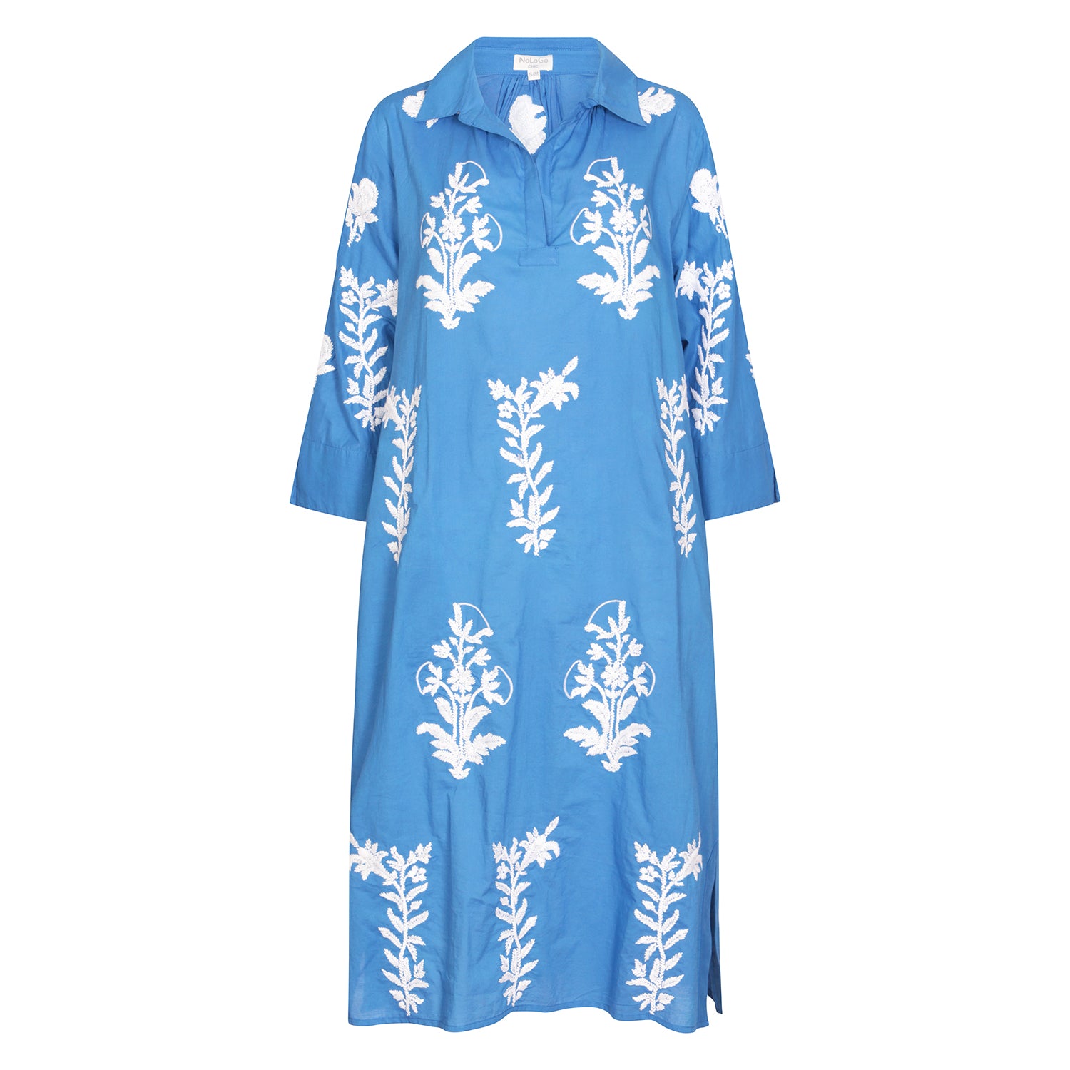 Long Tourist Dress Blue with White Embroidery Cotton