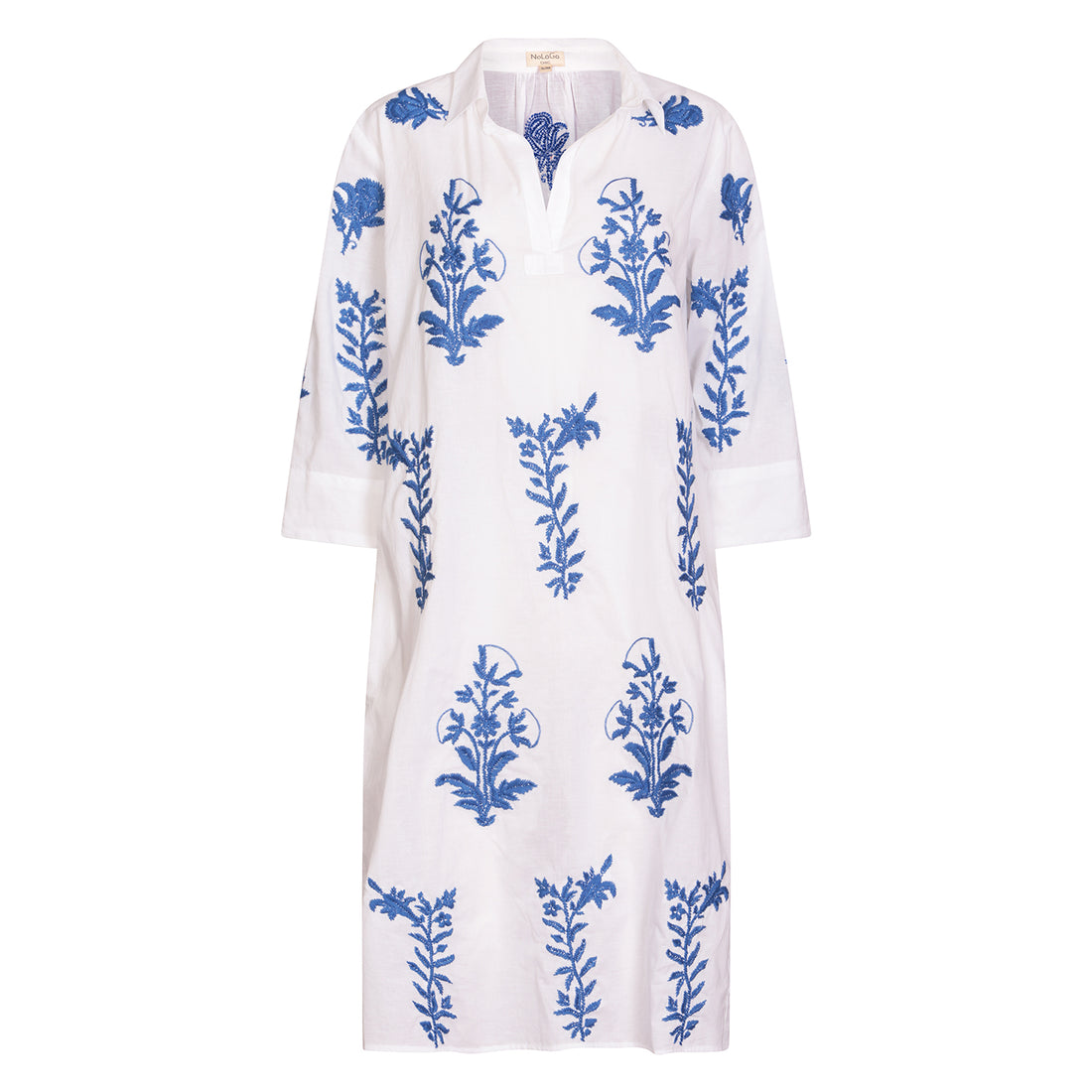 Long Tourist Dress White with Blue Embroidery Cotton White