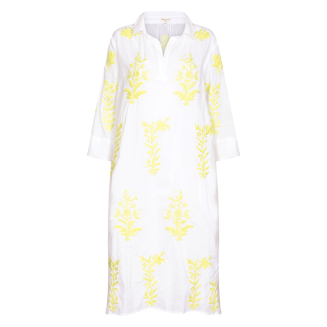 Long Tourist Dress White with Lime Embroidery Cotton White