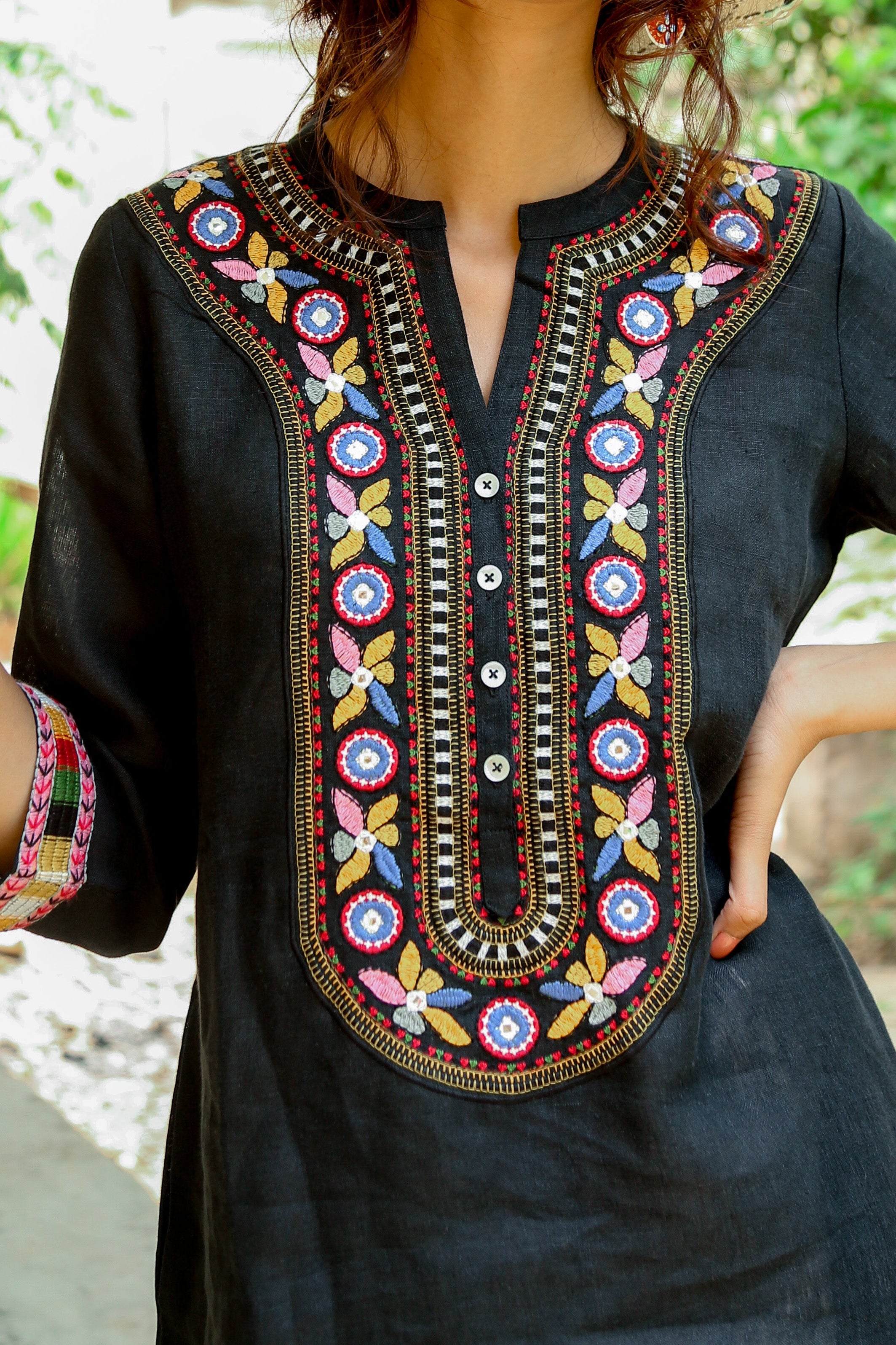 Tribal Embroidered Tunic Dress -Black