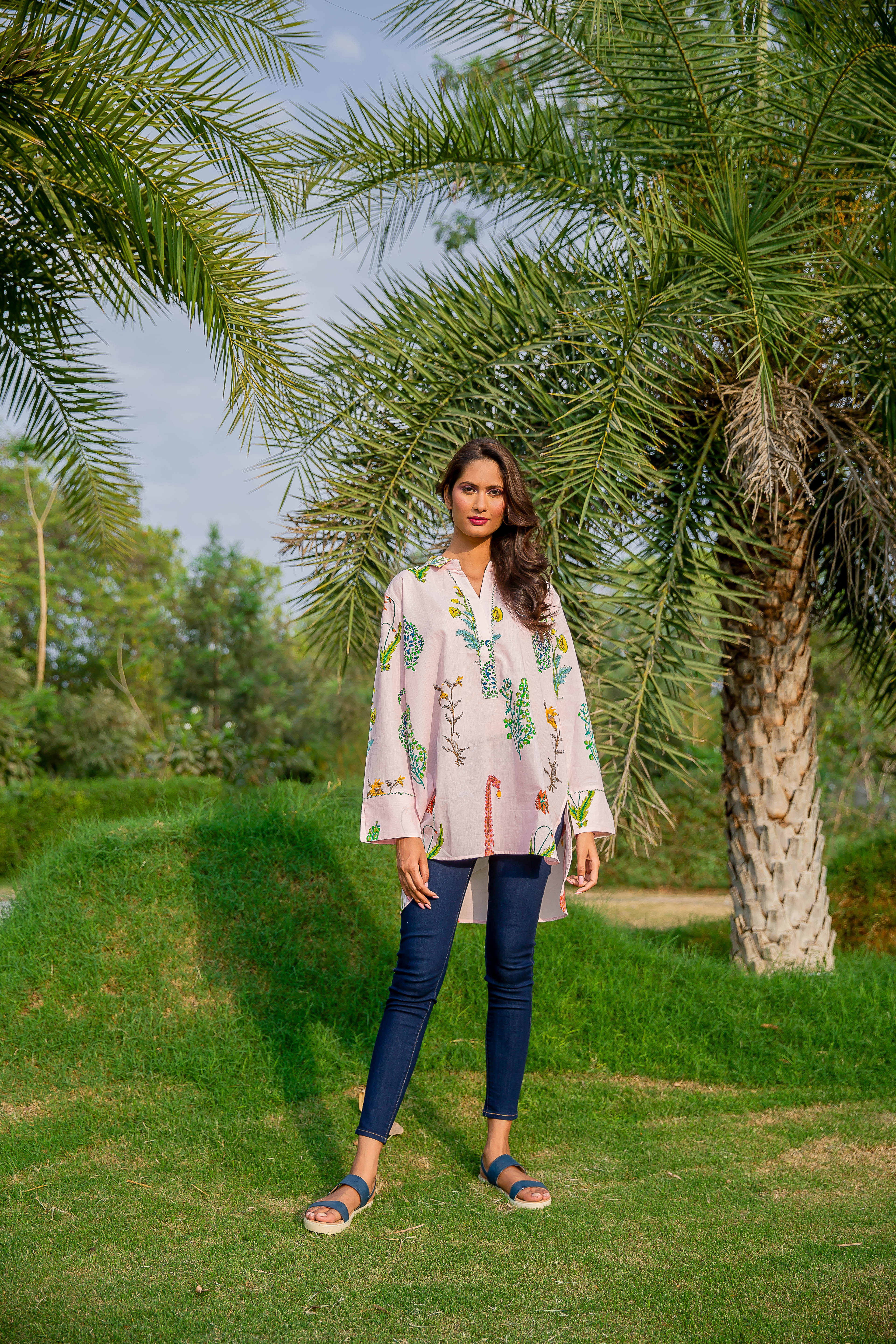 One Size Botanical Kurta Top Cotton - Himalayan Pink