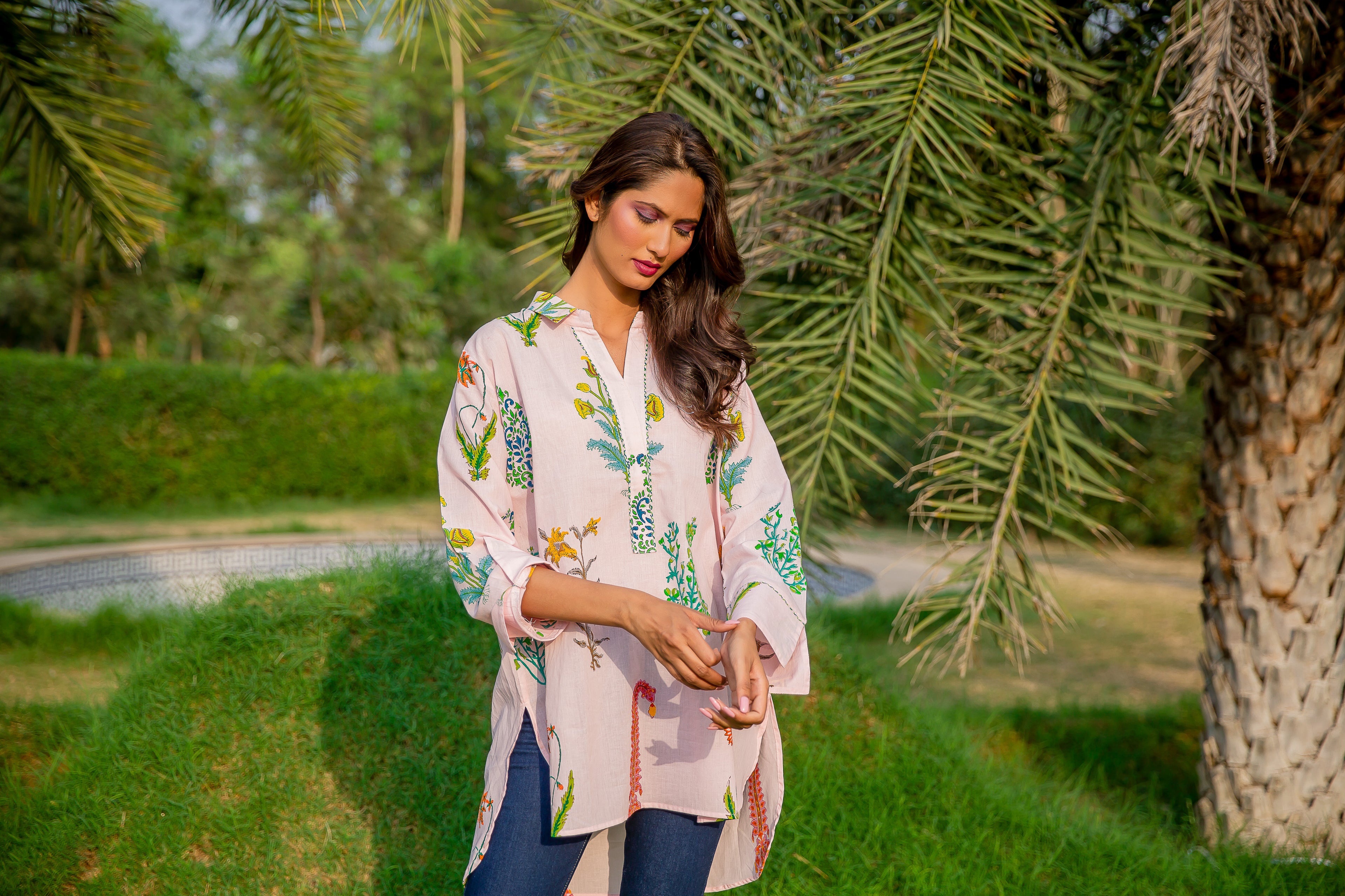 One Size Botanical Kurta Top Cotton - Himalayan Pink