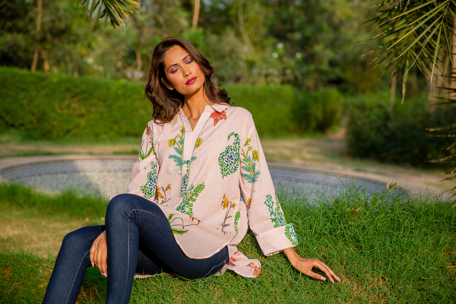 One Size Botanical Kurta Top Cotton - Himalayan Pink