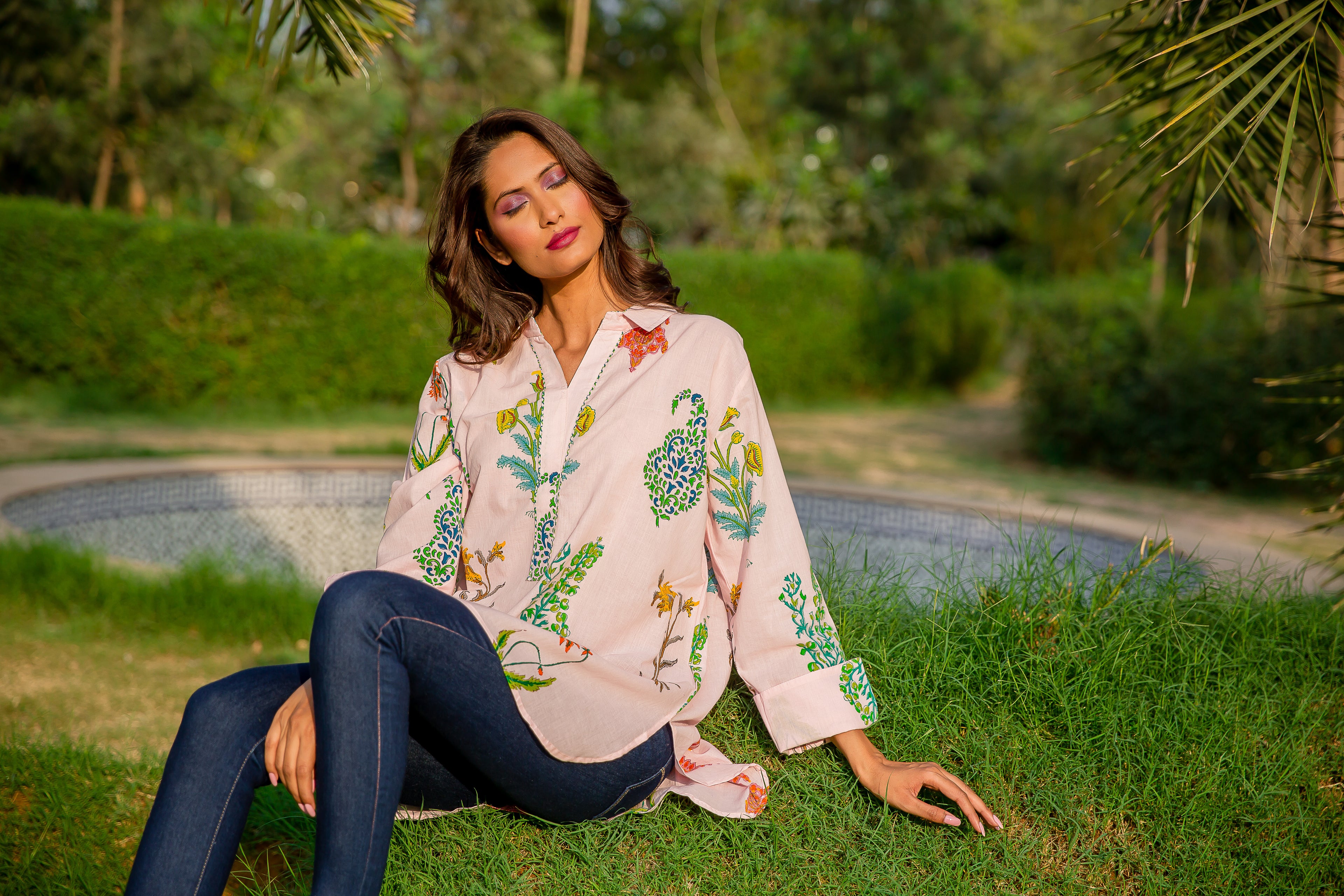One Size Botanical Kurta Top Cotton - Himalayan Pink