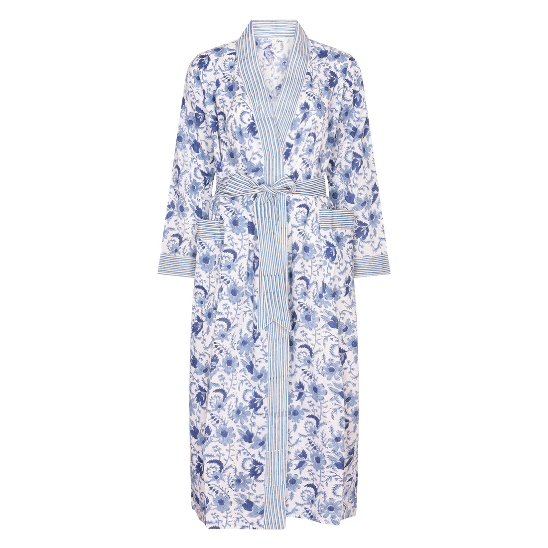 Hand Printed Cotton Kimono Robe - Cornflower Blue