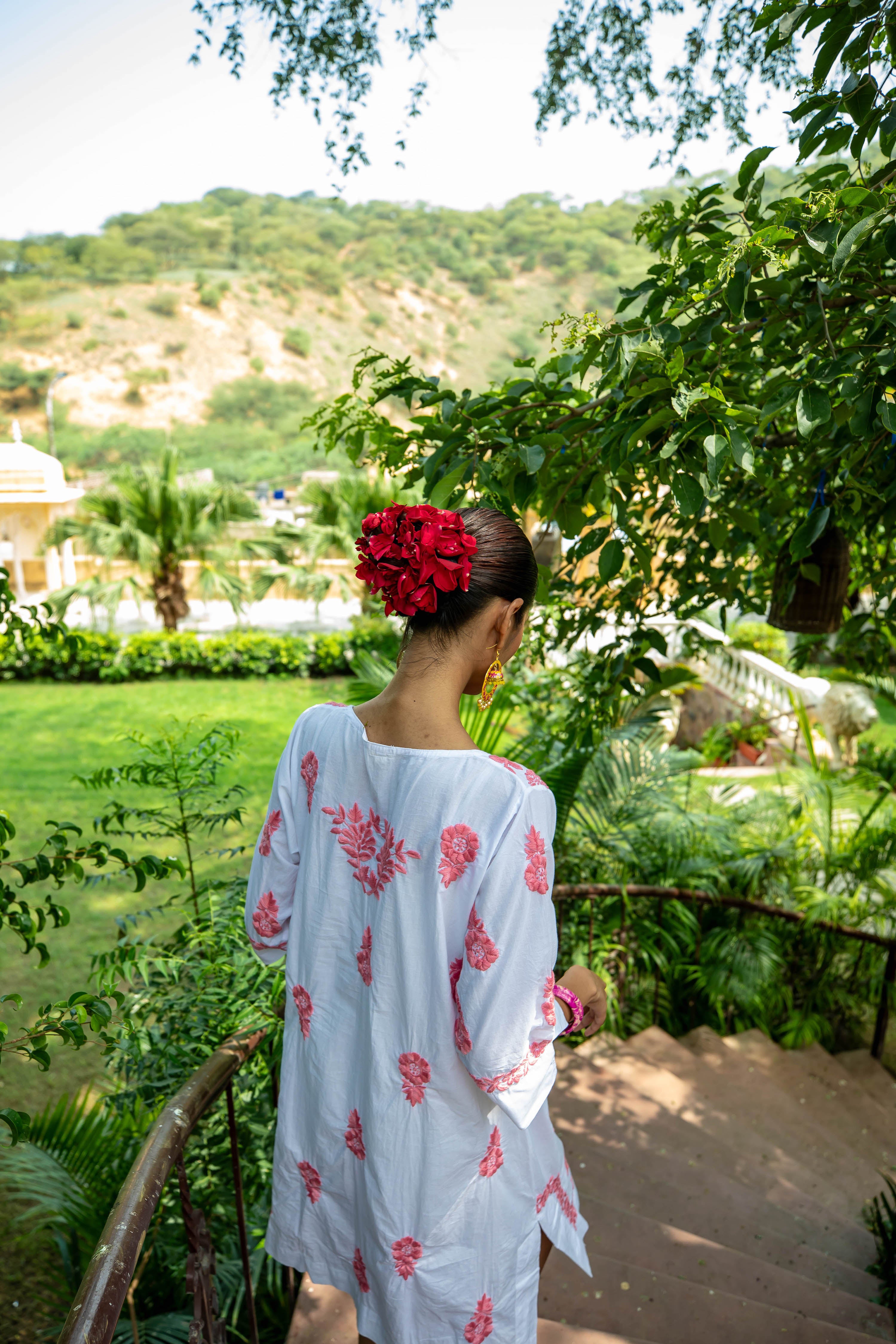White Harriet Dress with Pink Hand Embroidery