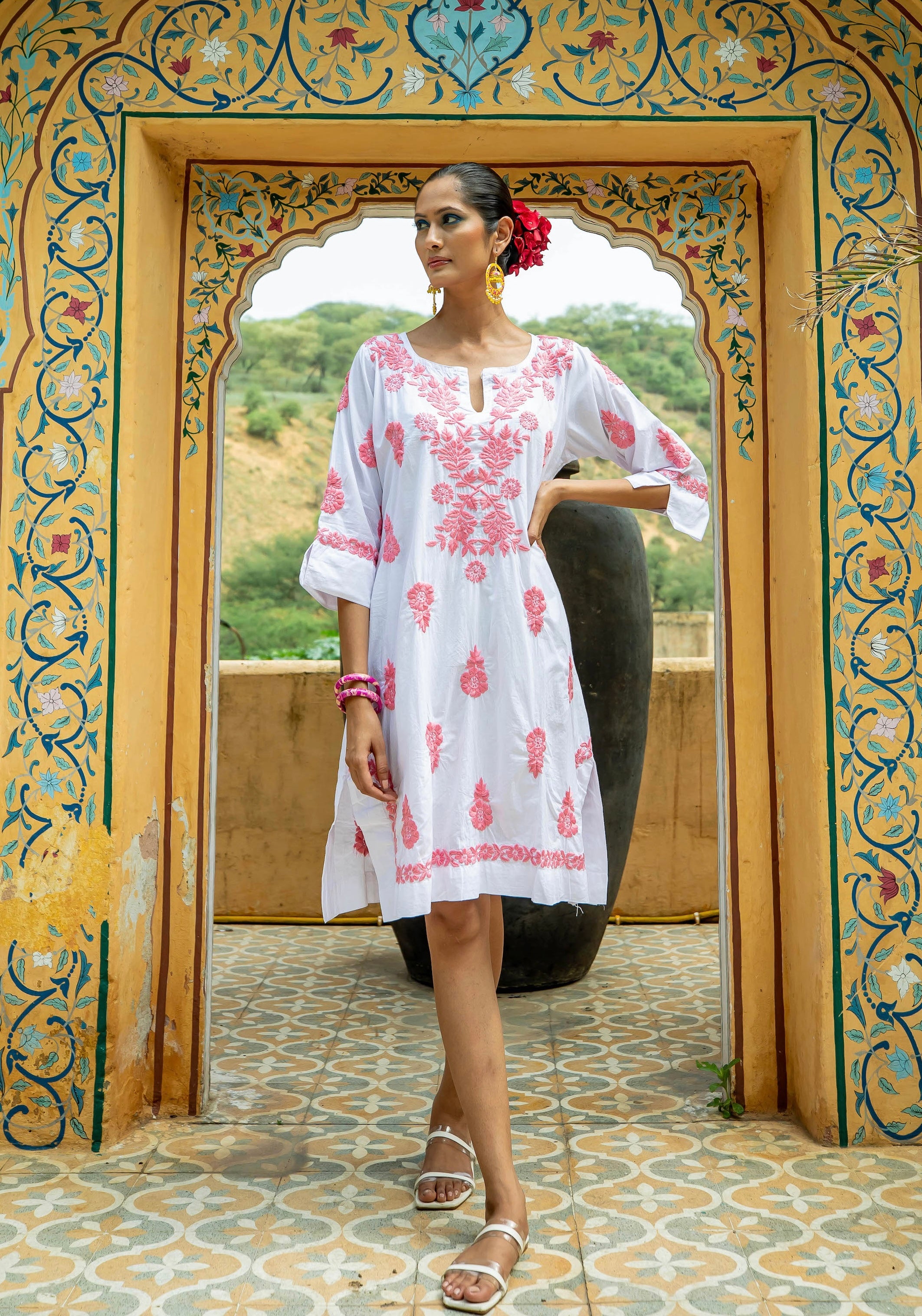White Harriet Dress with Pink Hand Embroidery