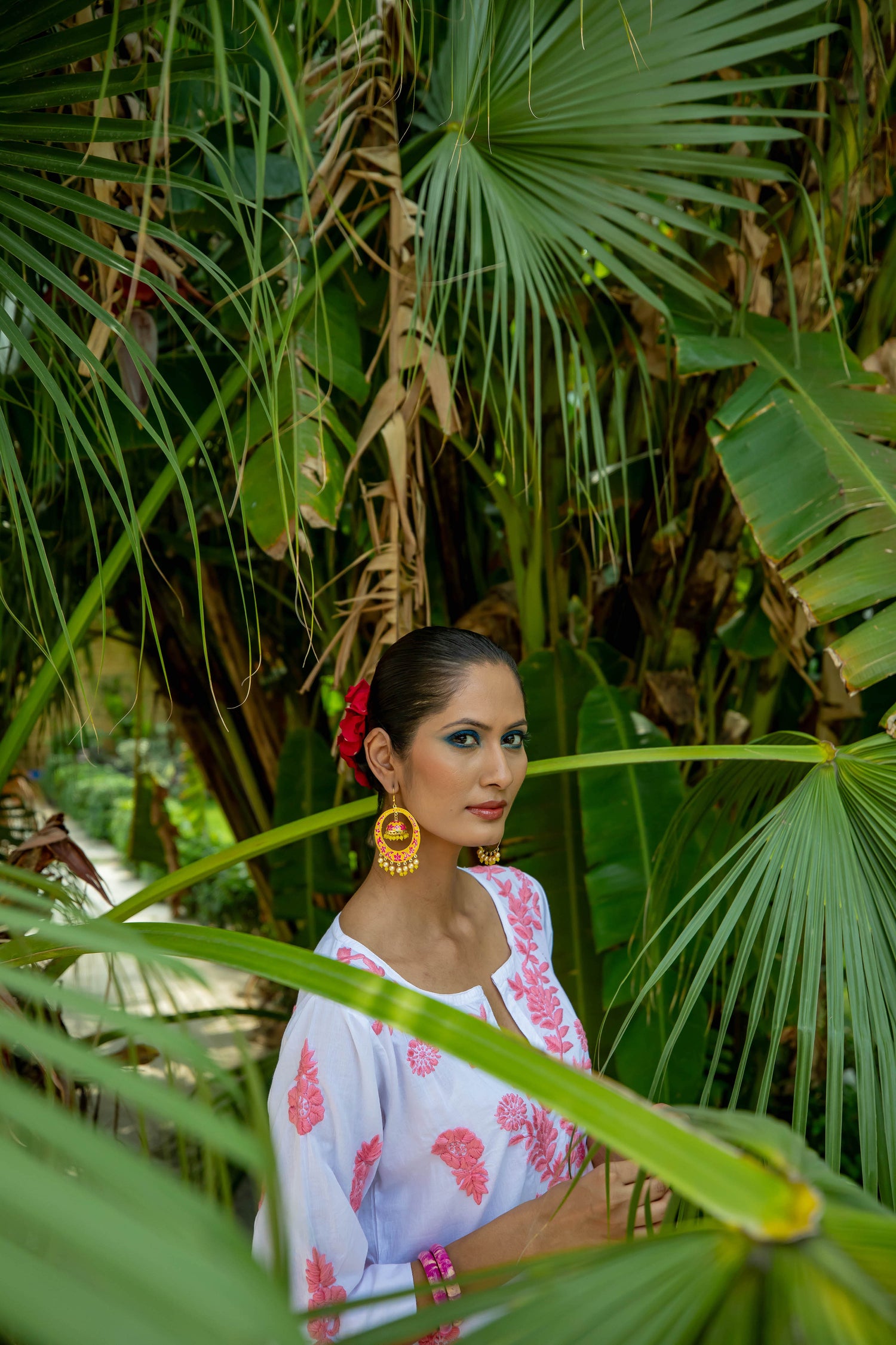 White Harriet Dress with Pink Hand Embroidery