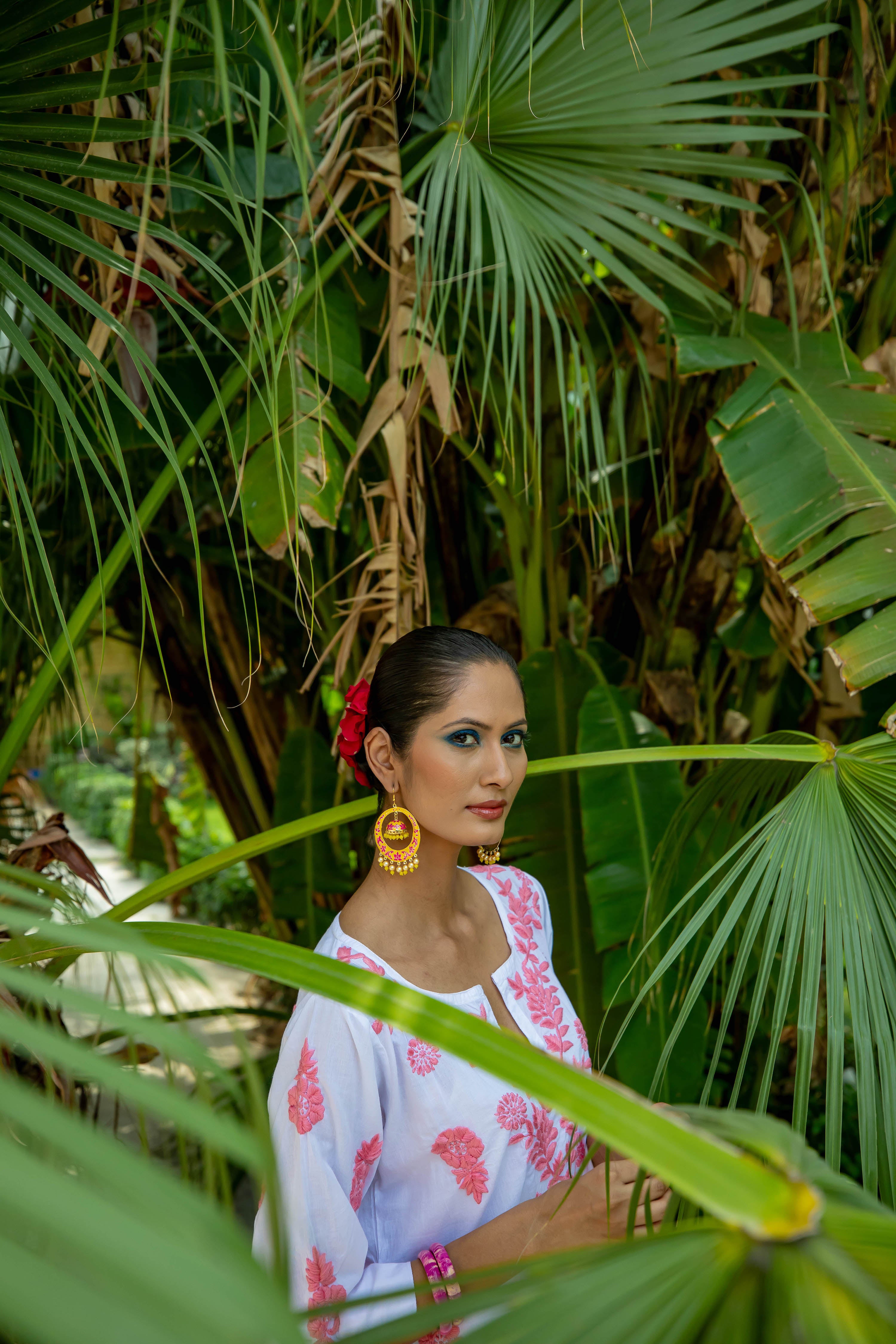White Harriet Dress with Pink Hand Embroidery
