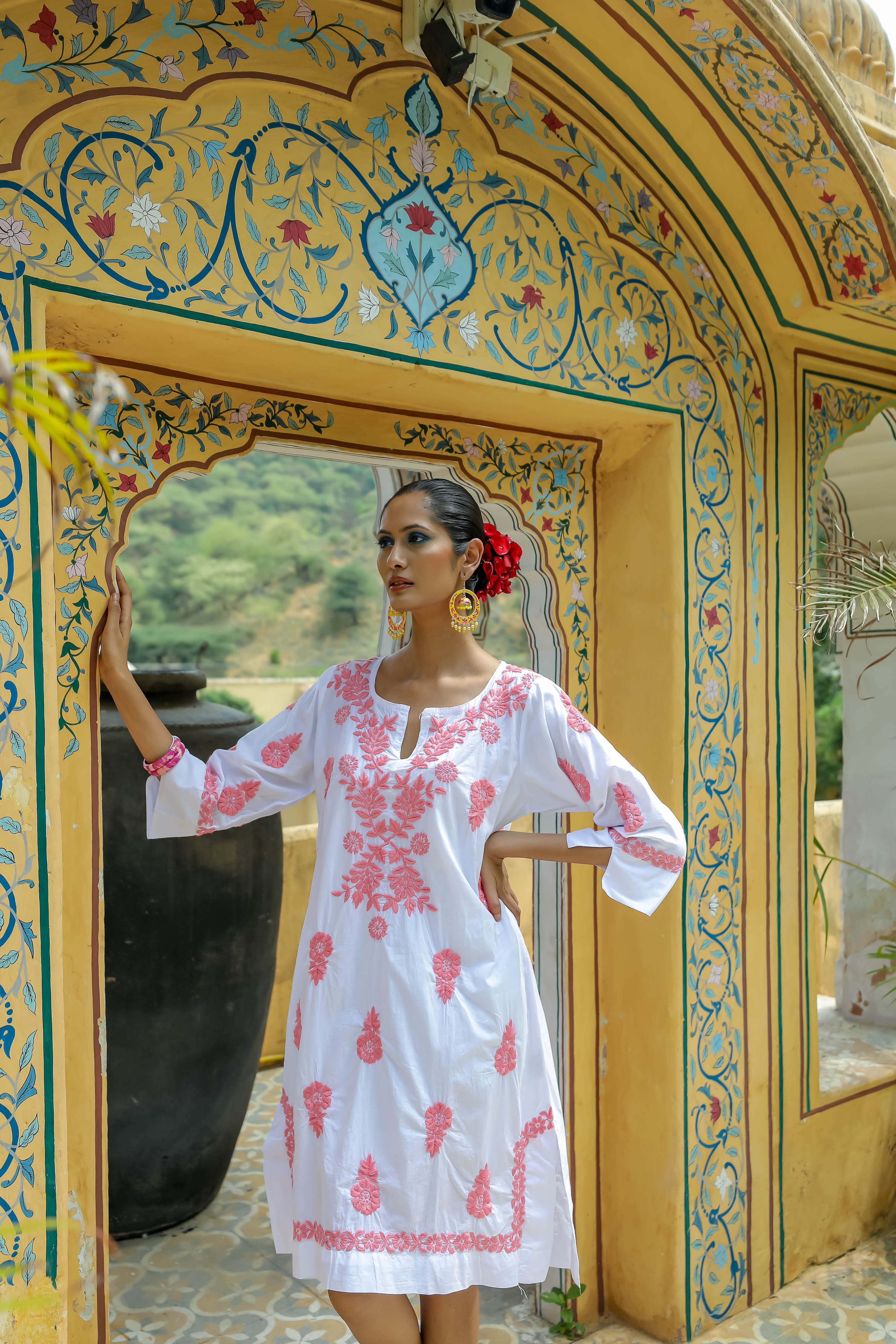 White Harriet Dress with Pink Hand Embroidery