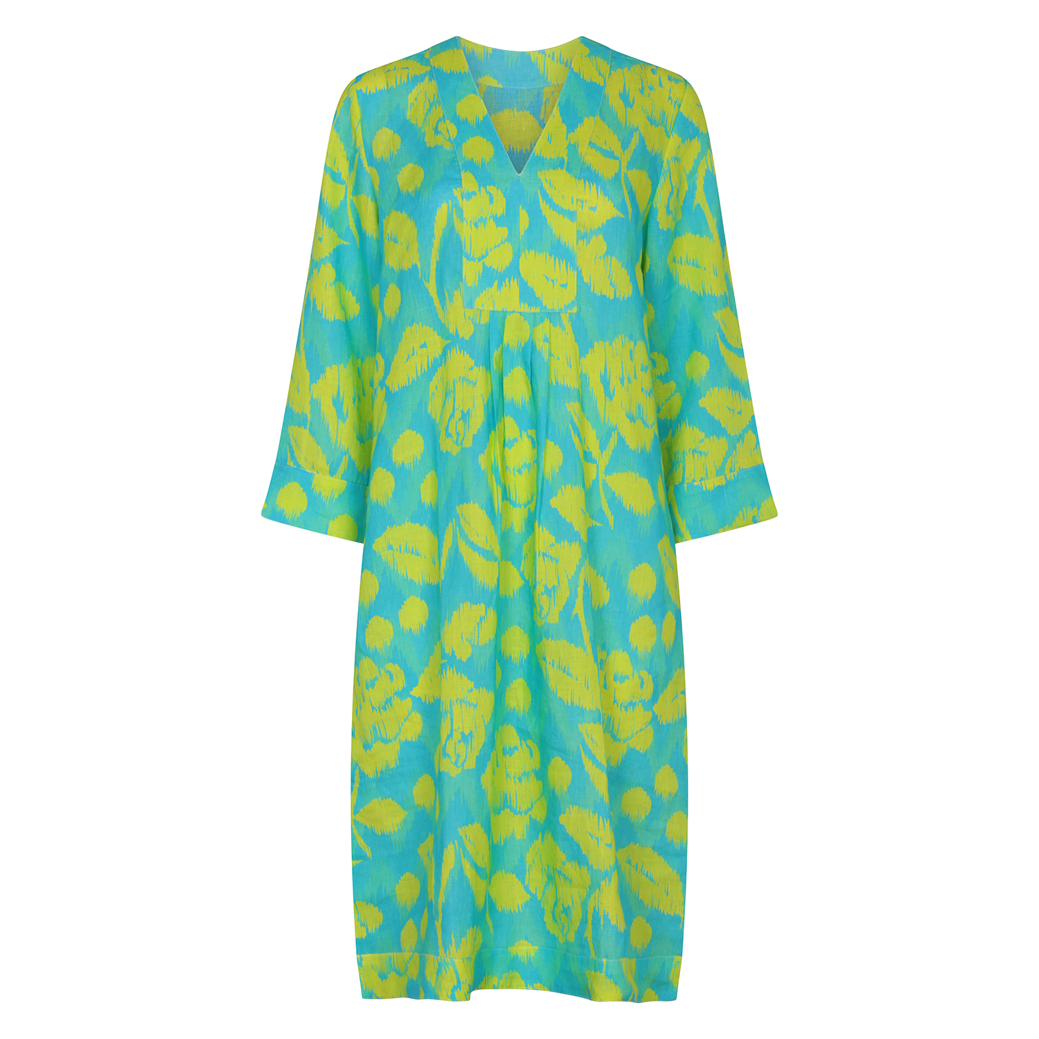 Ikat Rose Picot Midi Dress Linen Lime