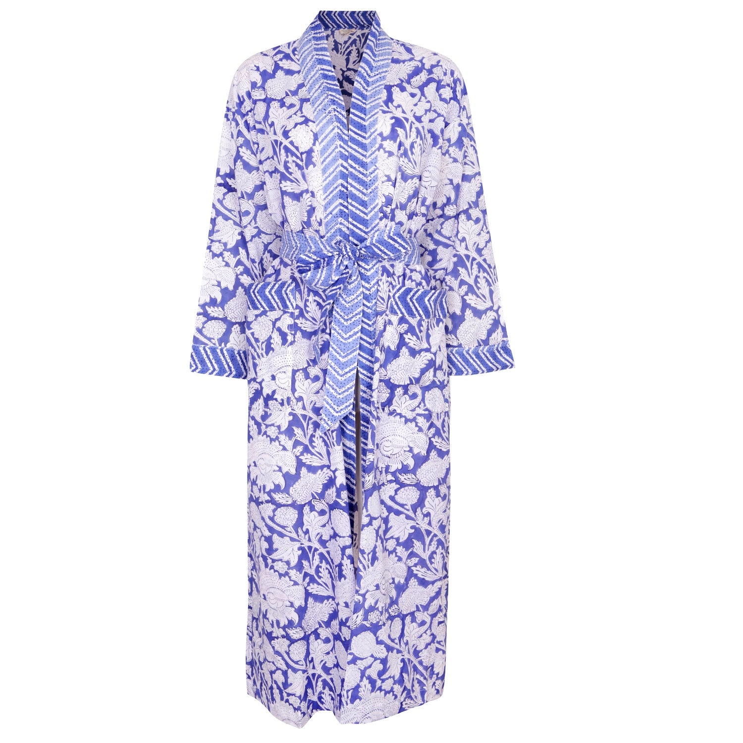 Hand Printed Cotton Kimono Robe - China Blue