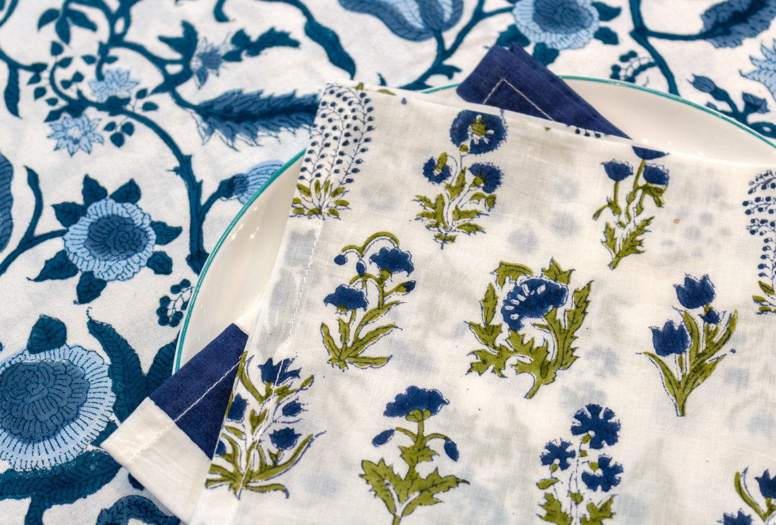 Napkins with Mini Flower X 4 Napkin Set Cotton Blue One Size