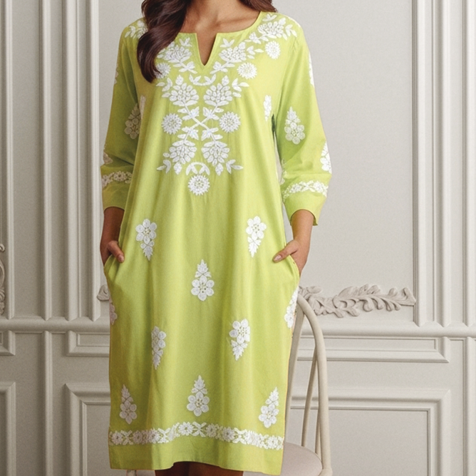 Parrot- Green Dress with White Hand Embroidery