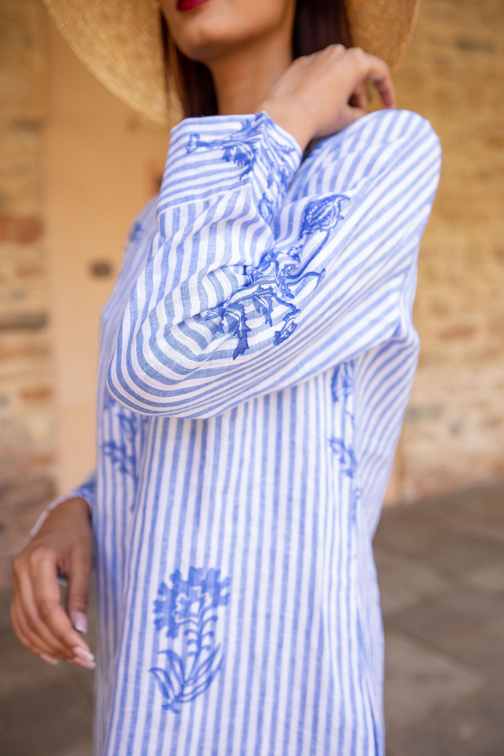 Tourist Hand Printed Stripe Linen Tunic Dress - Blue and White