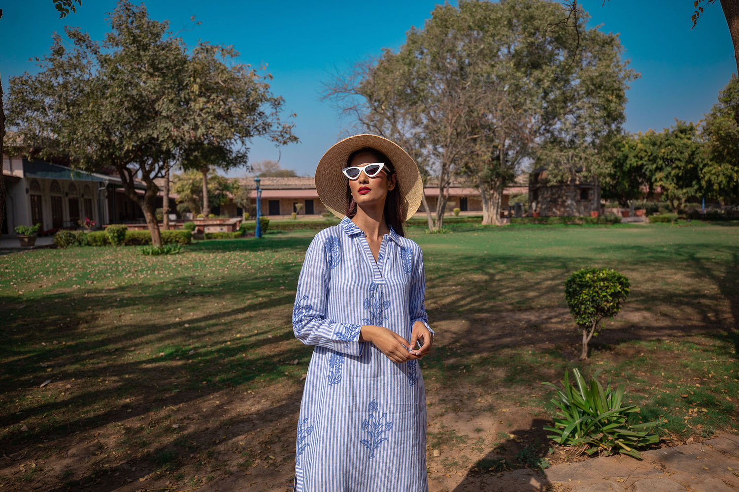 Tourist Hand Printed Stripe Linen Tunic Dress - Blue and White