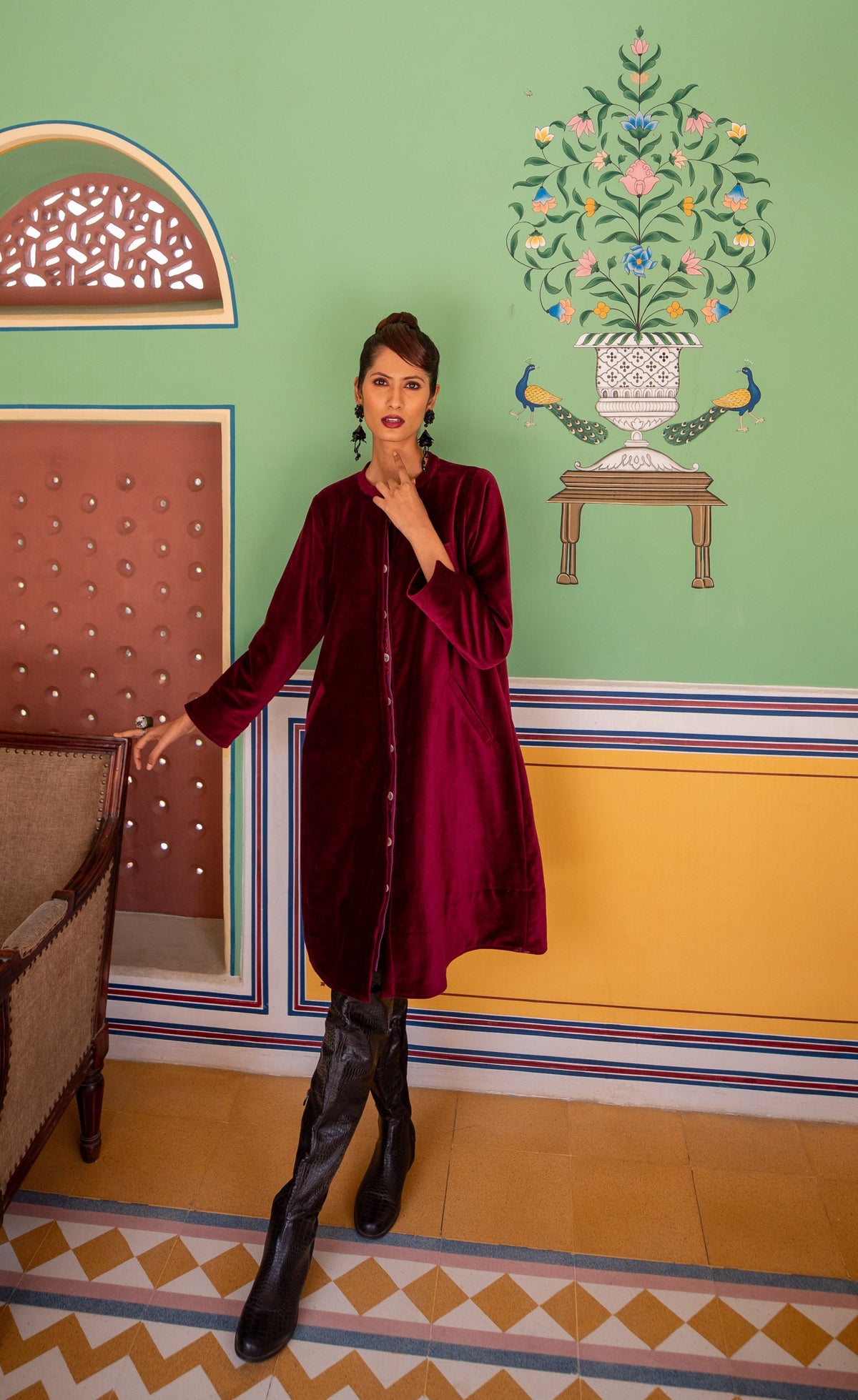 Velvet Super Mix Coat Dress Cassis