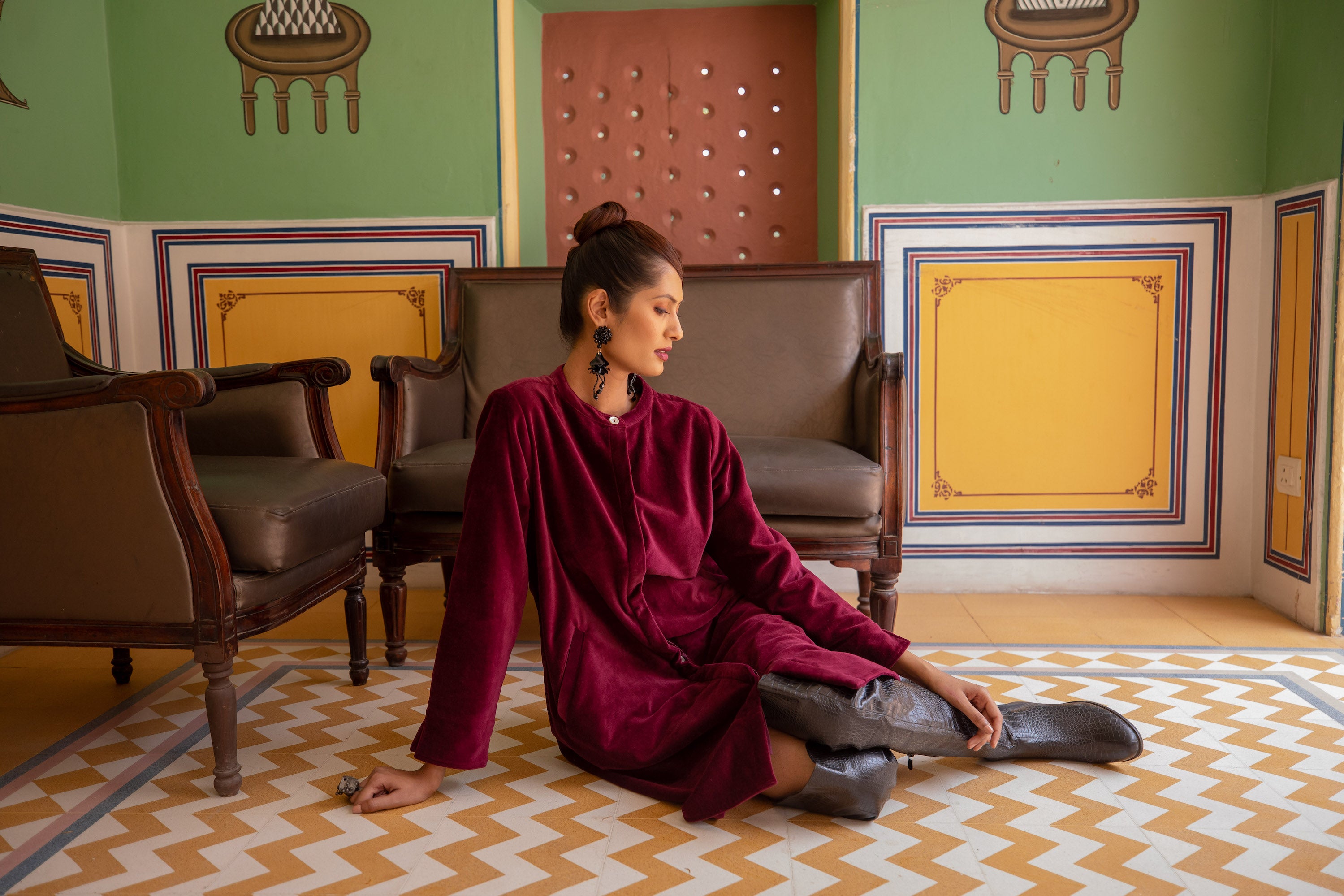 Velvet Super Mix Coat Dress Cassis
