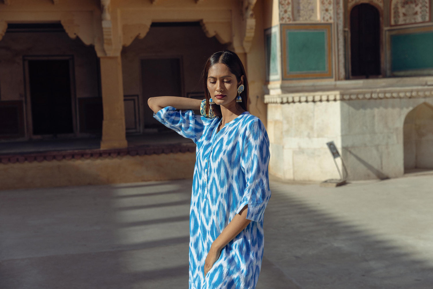 Ikat Tunic Dress Linen - Summer Blue