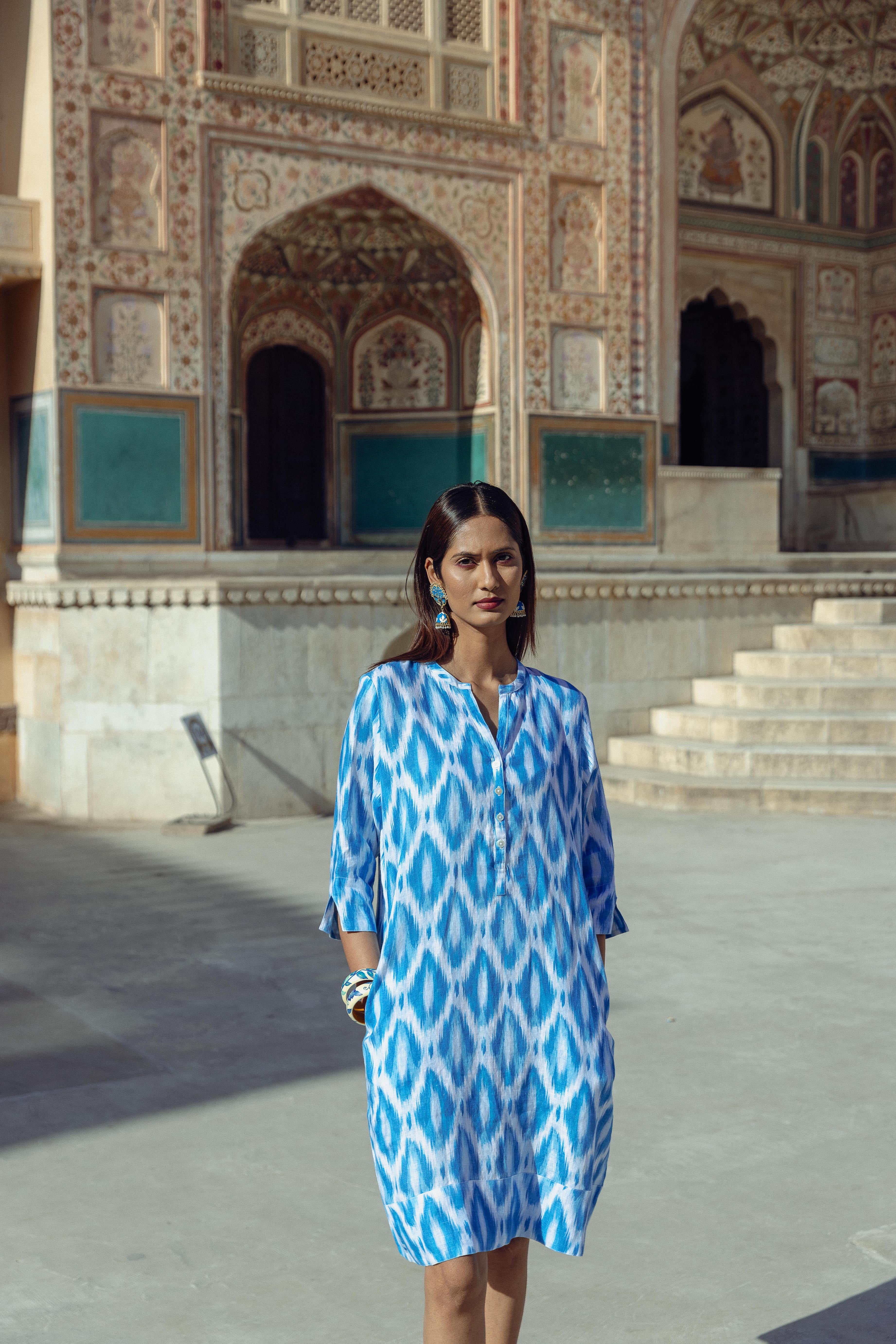 Ikat Tunic Dress Linen - Summer Blue