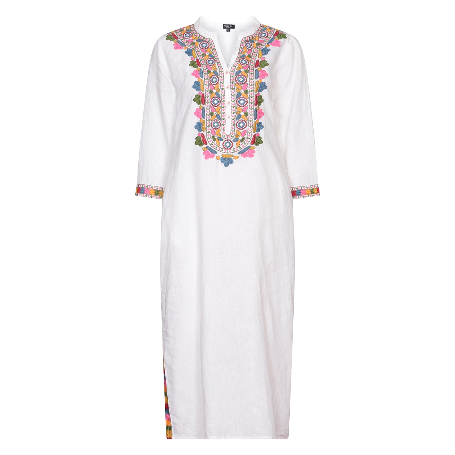 Tribal Embroidered Linen - Maxi Dress - White