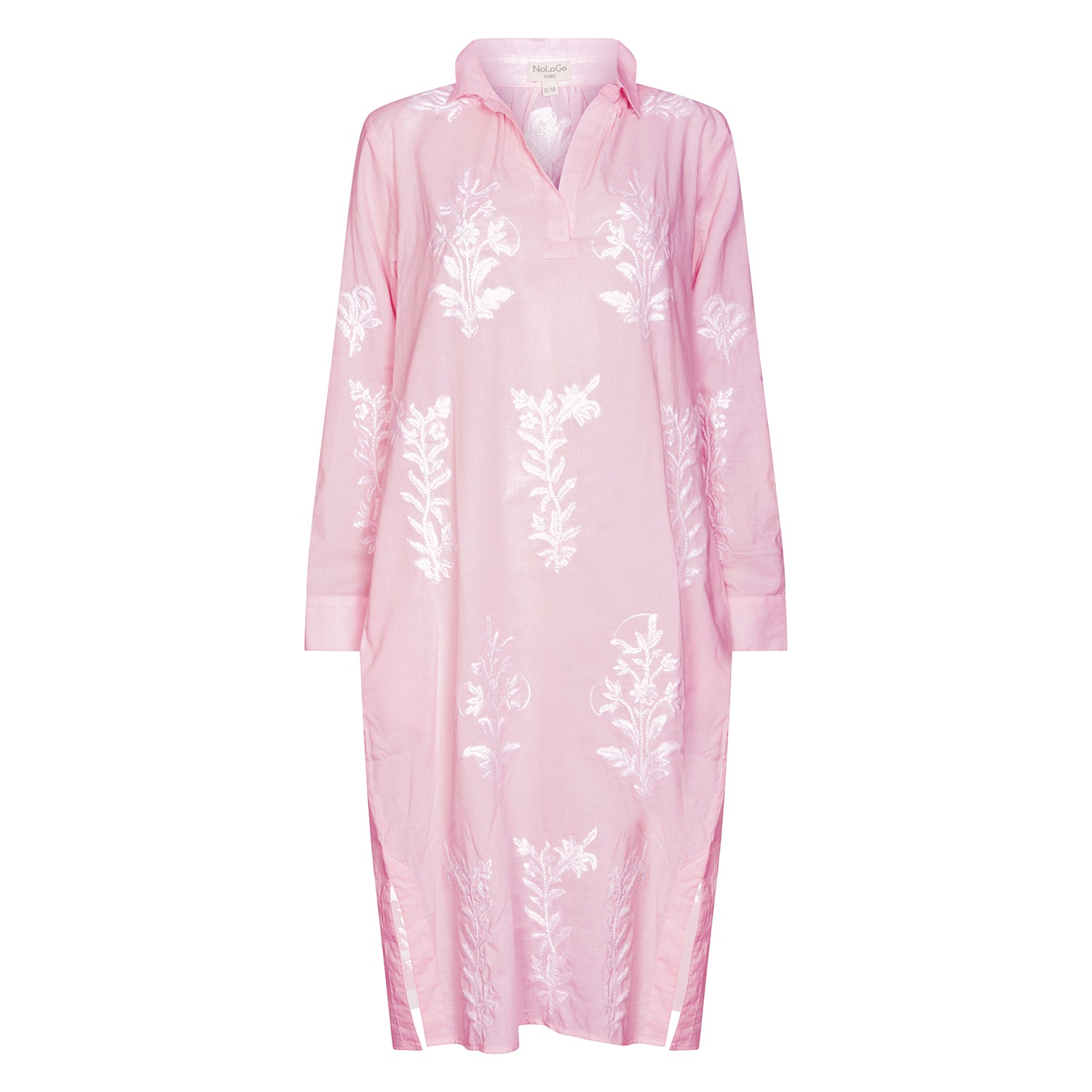 Long Tourist Dress Pale Pink with White Embroidery Cotton