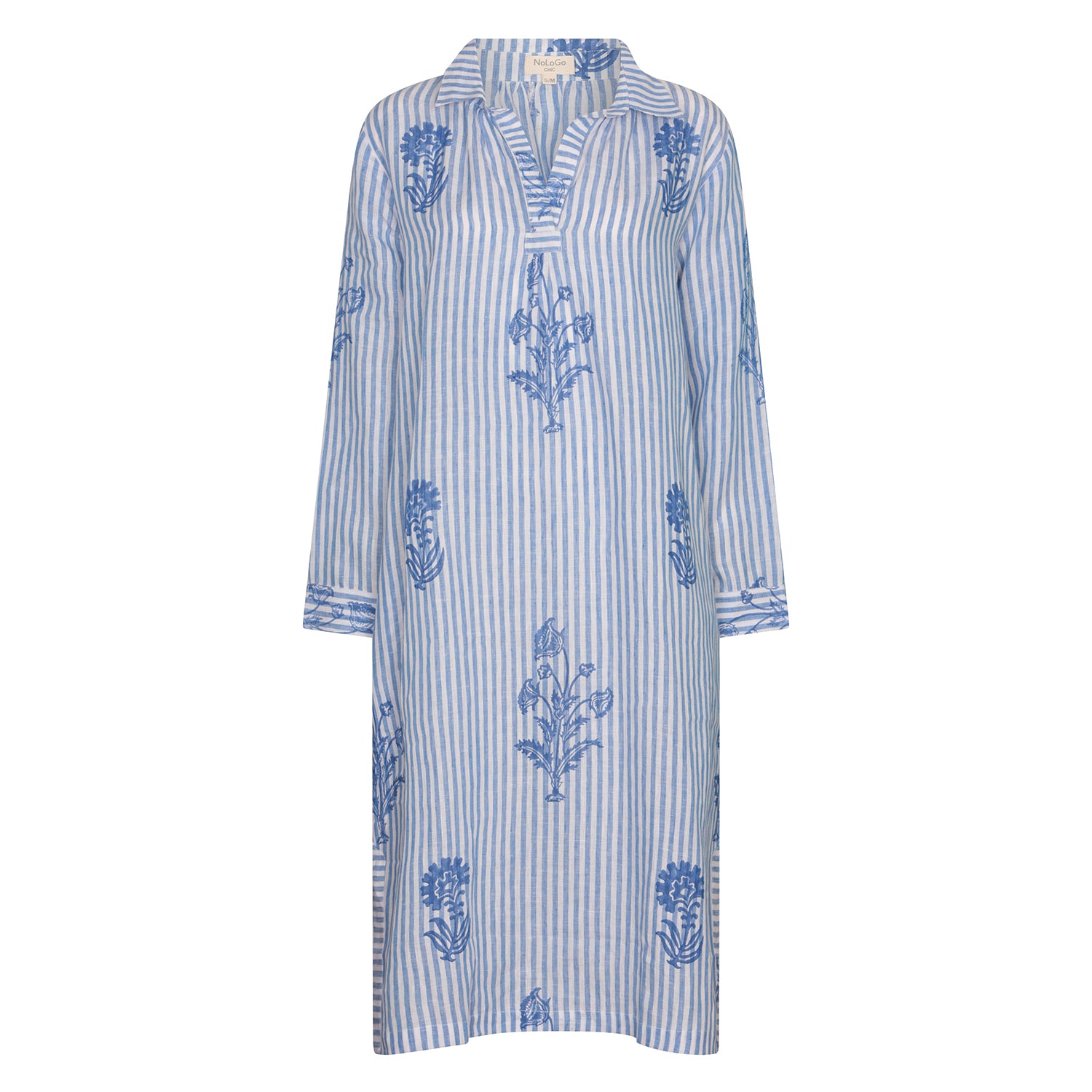 Tourist Hand Printed Stripe Linen Tunic Dress - Blue and White