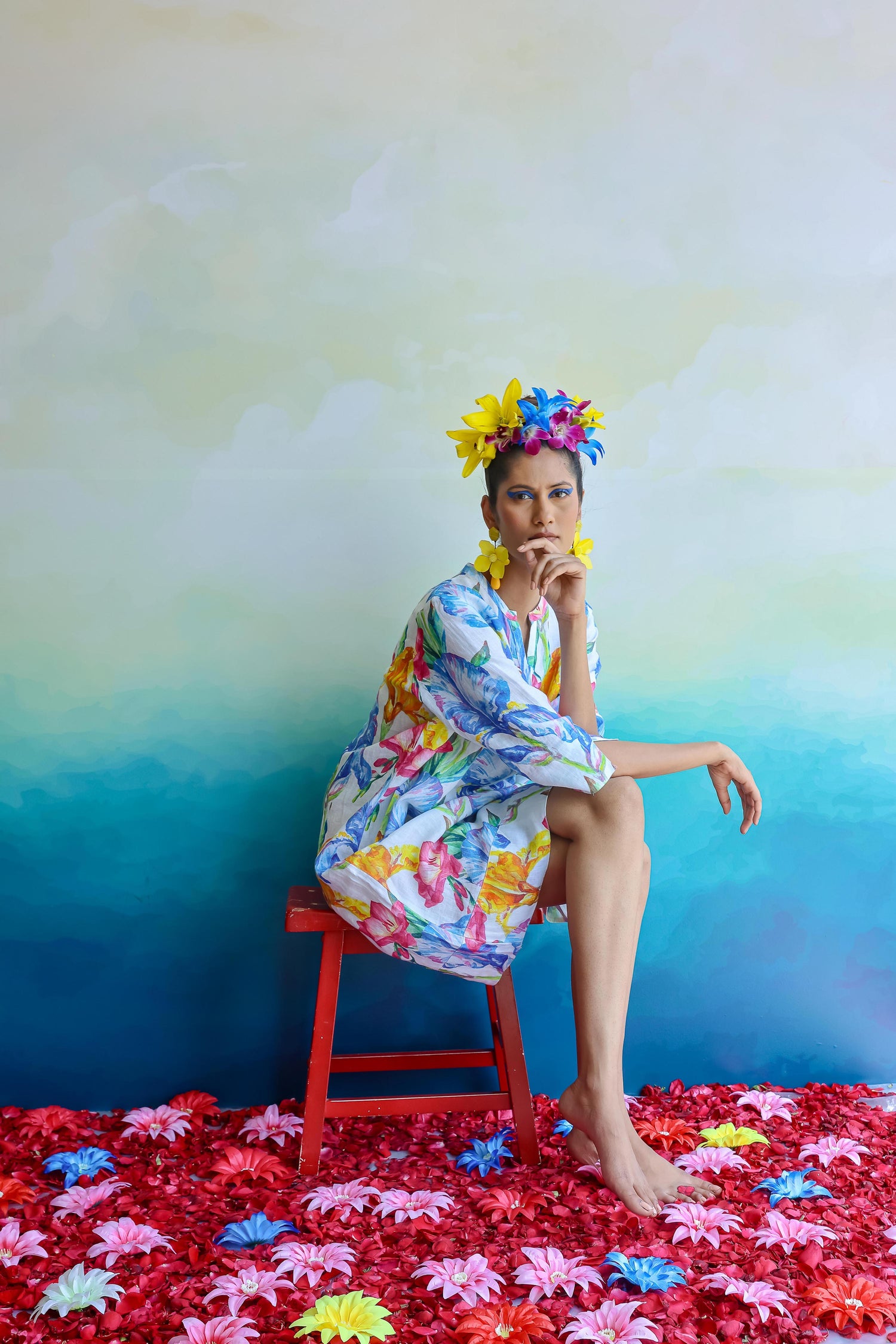 Golden Iris Print Tunic Dress Linen