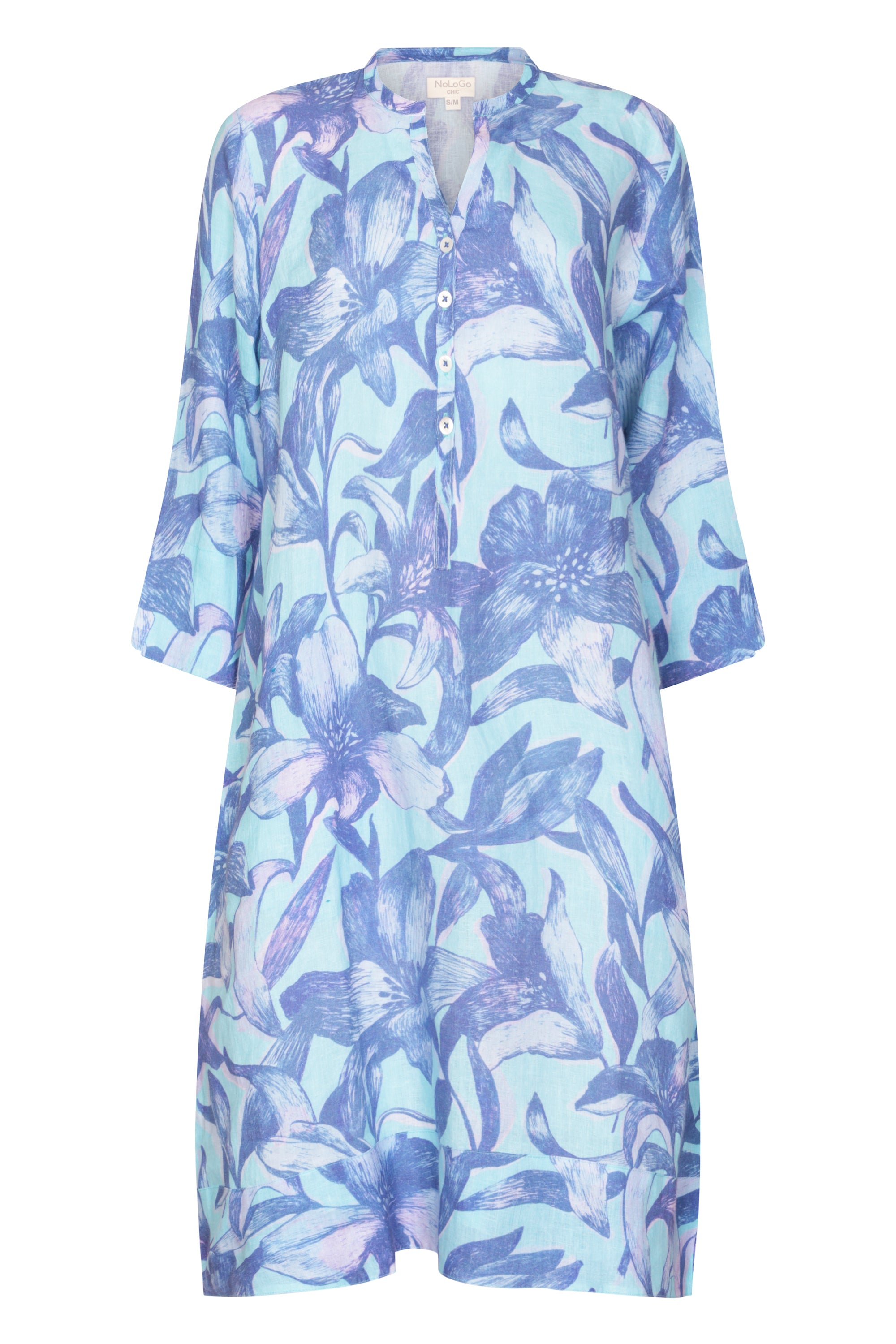 Moon Flower Linen Tunic Dress Blue