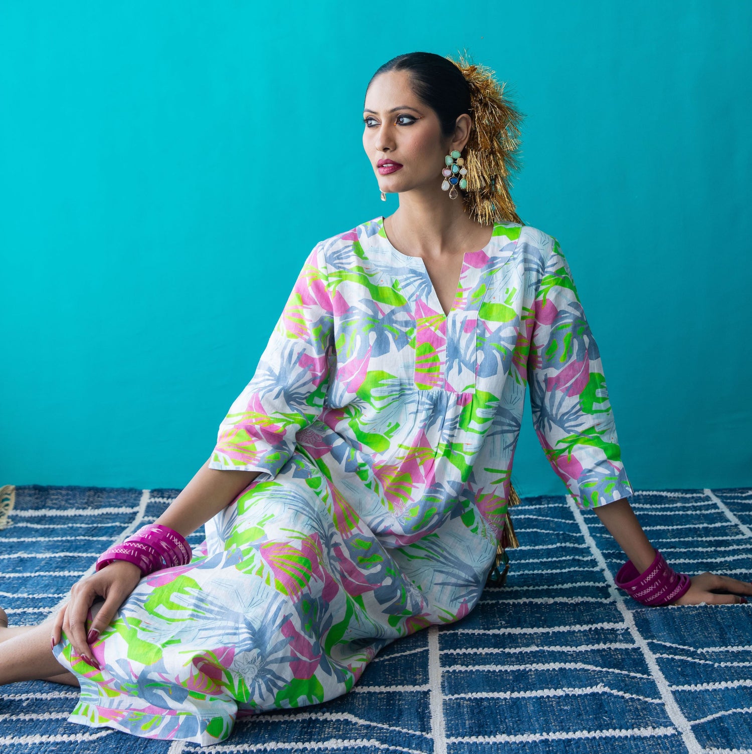 Fern Silver Leaf Maxi Dress Linen Multi