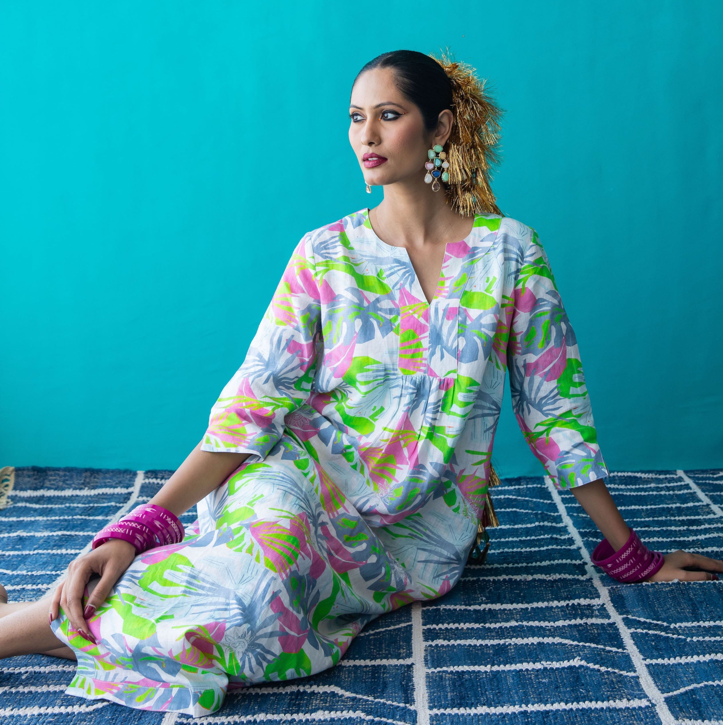 Fern Silver Leaf Maxi Dress Linen Multi