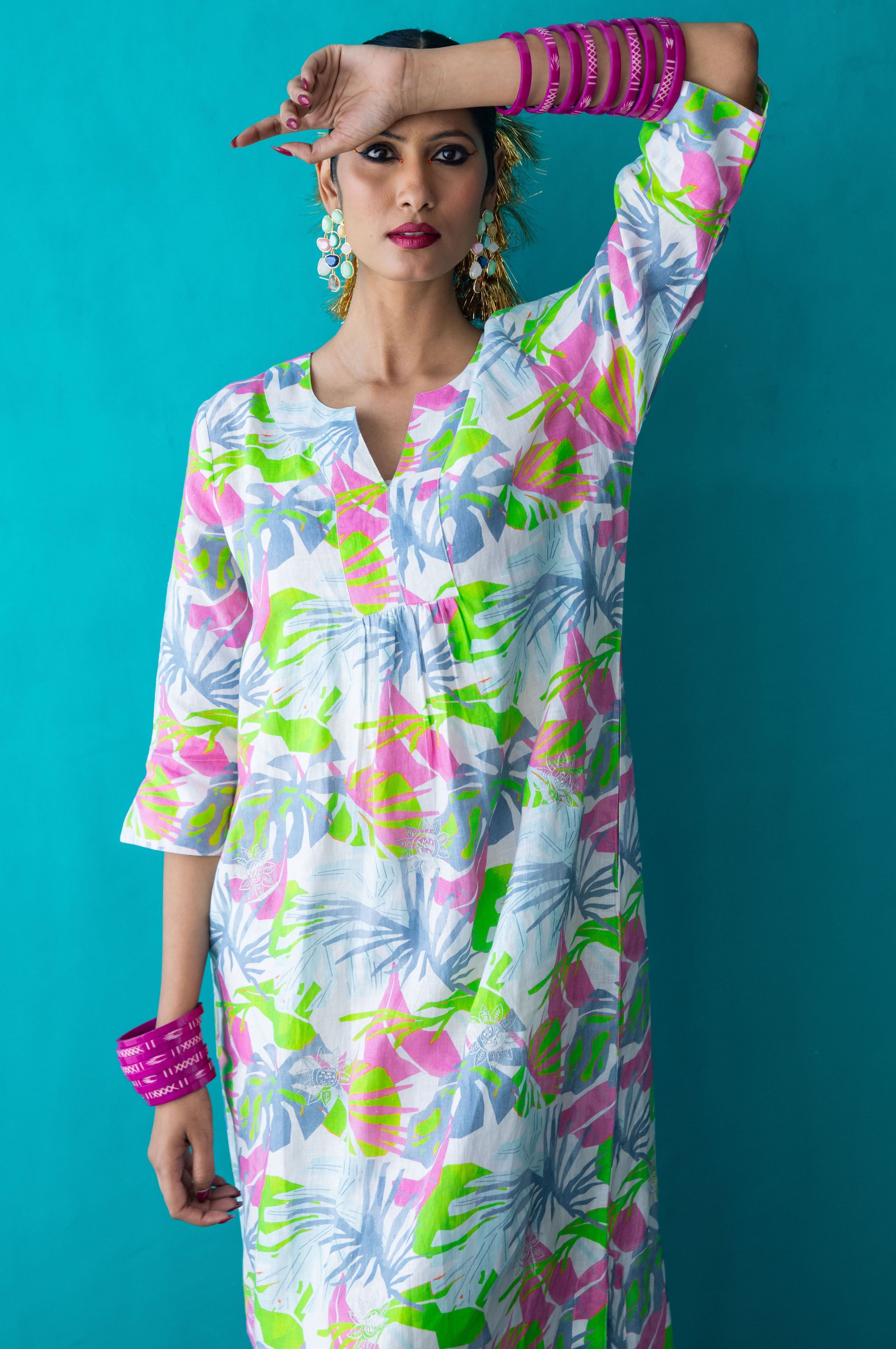 Fern Silver Leaf Maxi Dress Linen Multi
