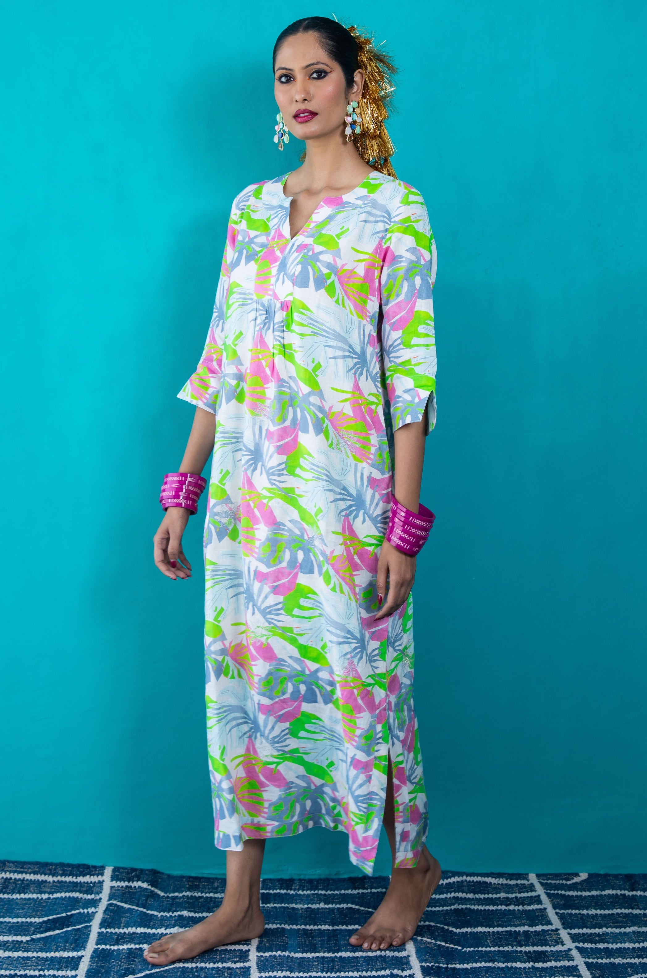 Fern Silver Leaf Maxi Dress Linen Multi