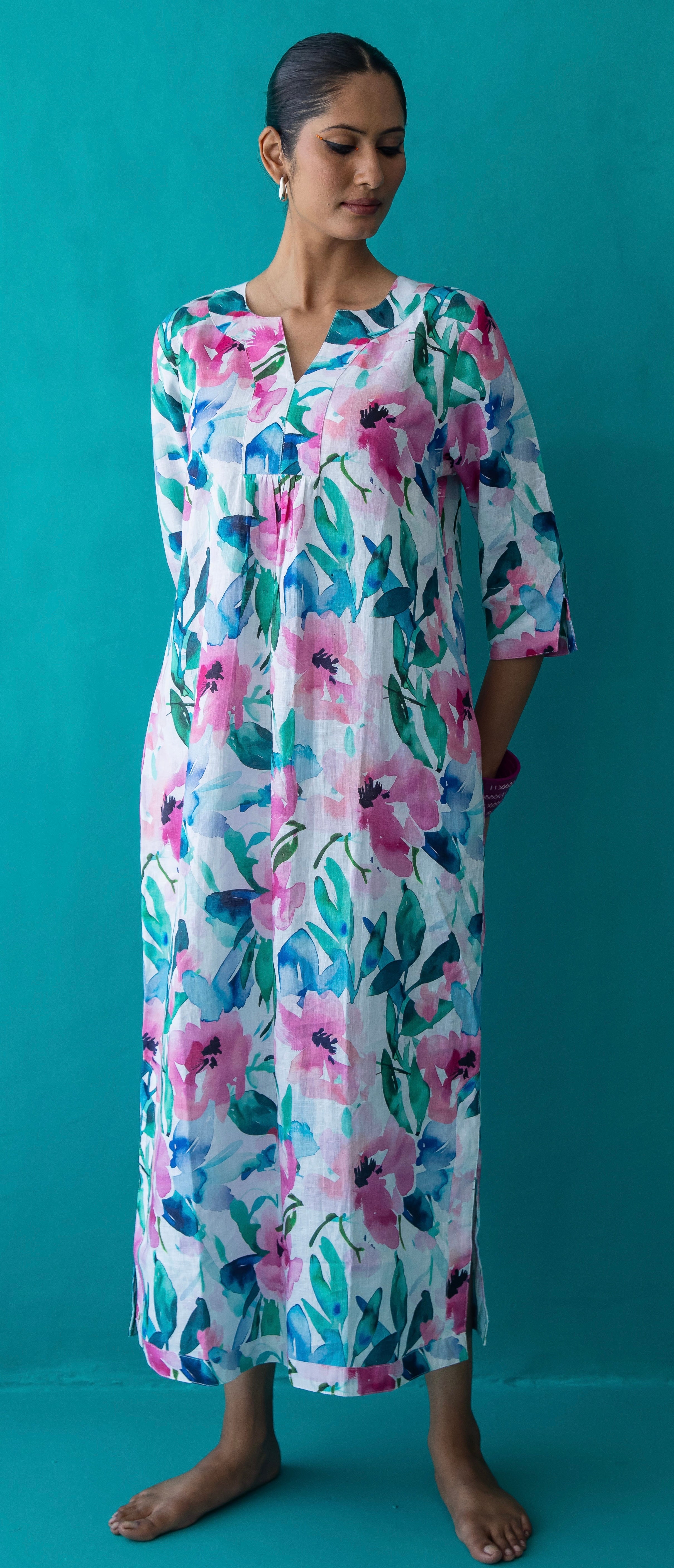 Mint Candy Printed Maxi Dress Linen - Multi