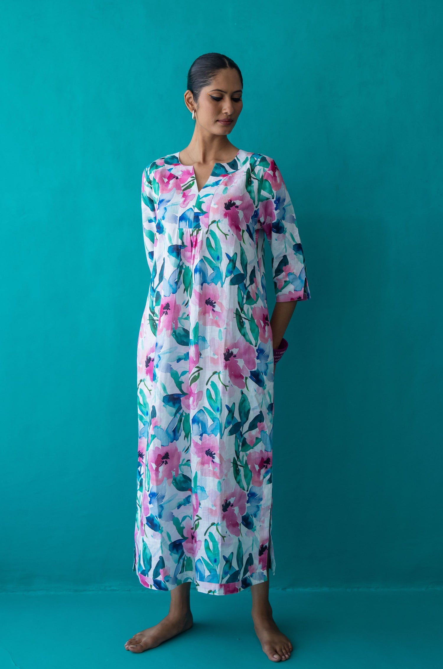 Mint Candy Printed Maxi Dress Linen - Multi