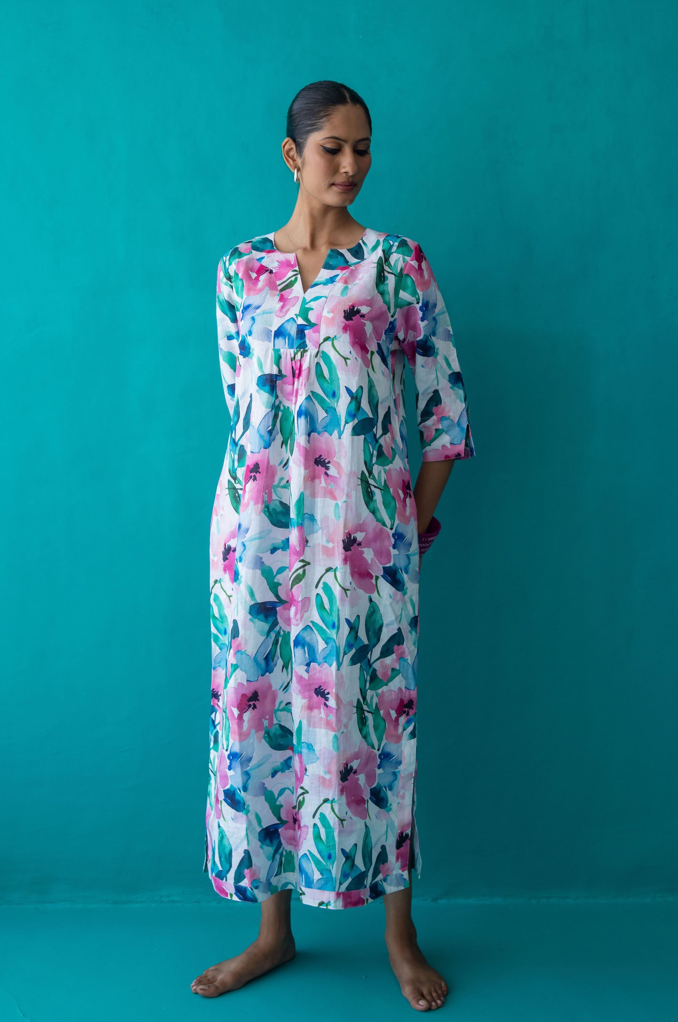 Mint Candy Printed Maxi Dress Linen - Multi