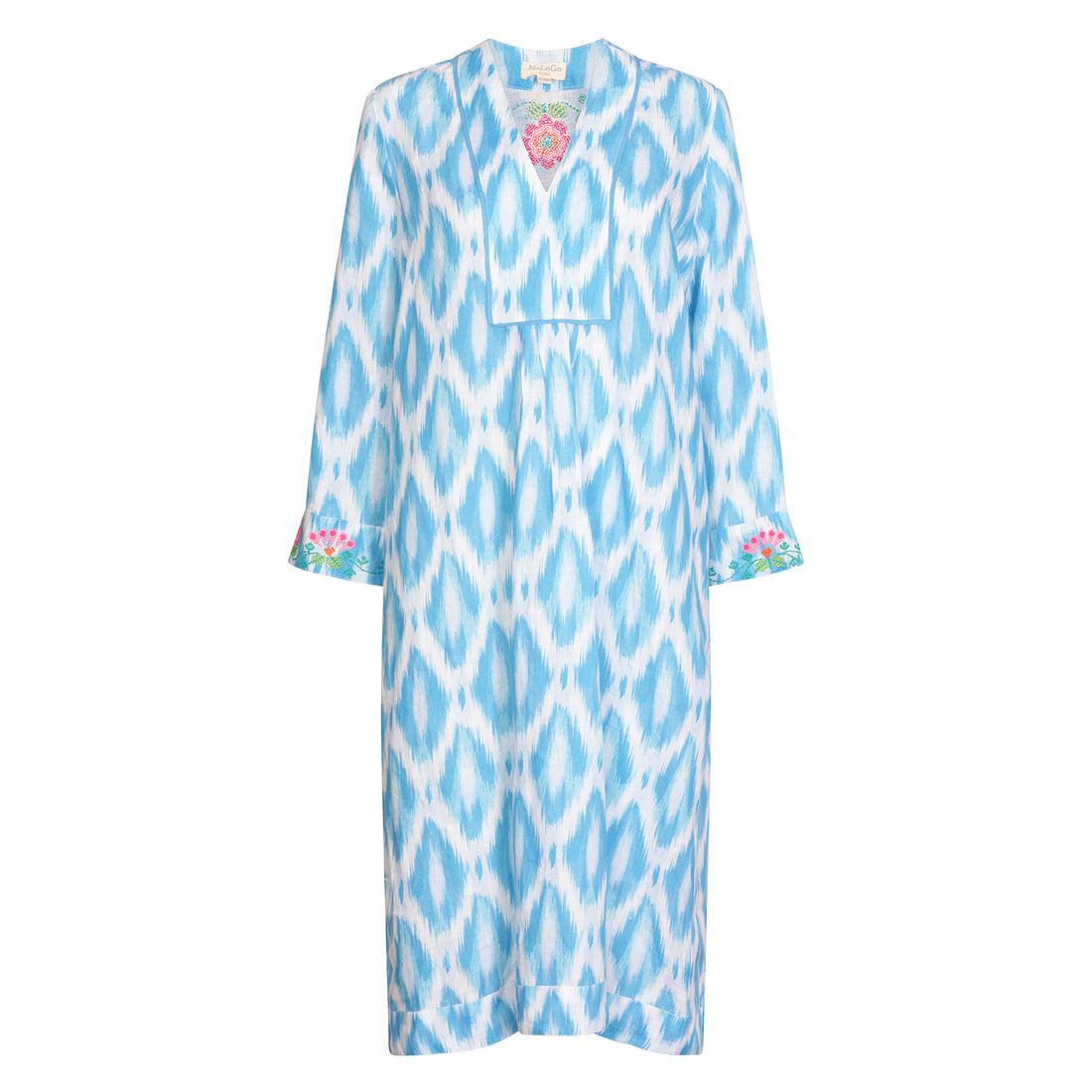 Ikat Embroidered Picot Midi Dress Linen Blue