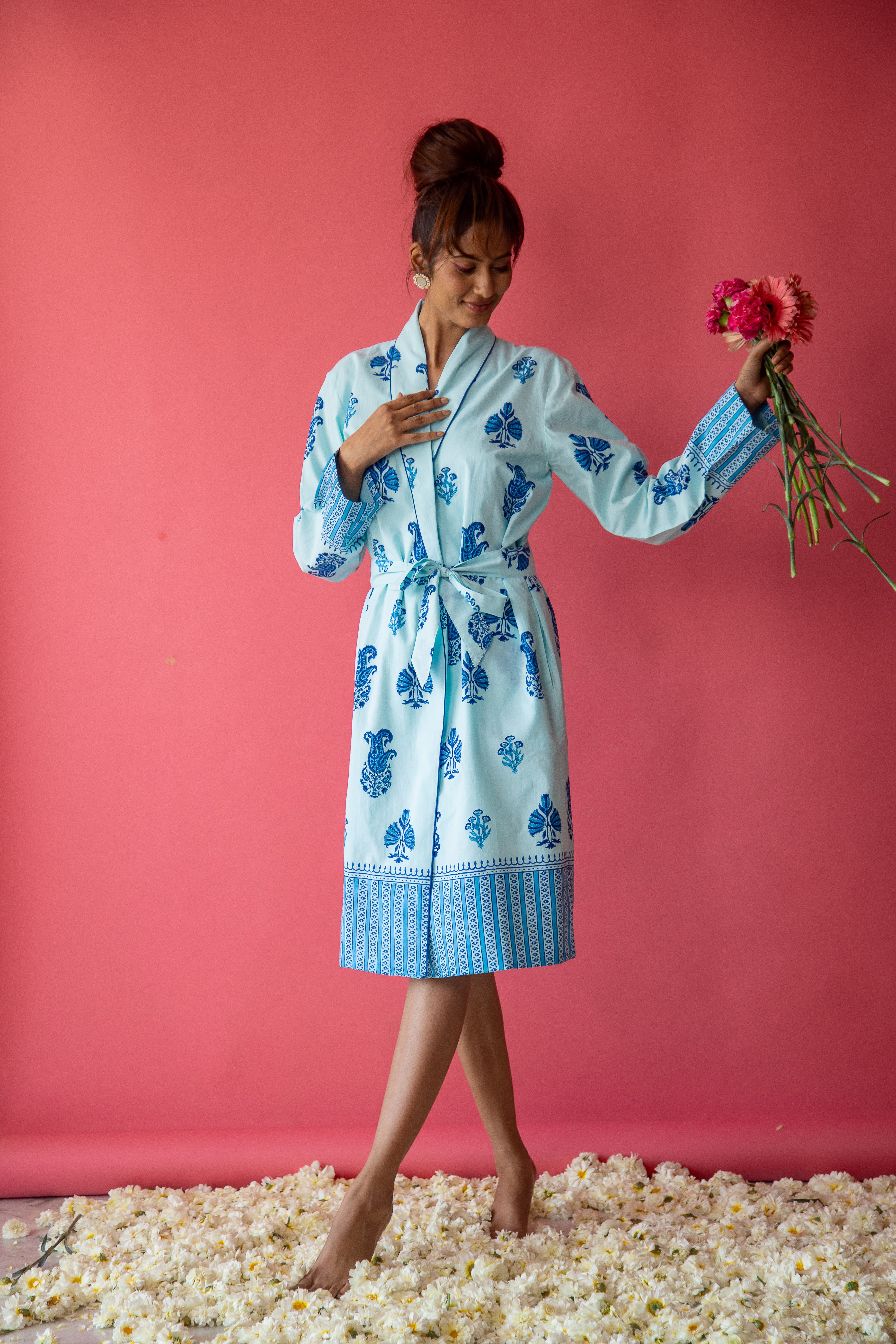 Botanical Shawl Robe Cotton Cambric Persian Blue