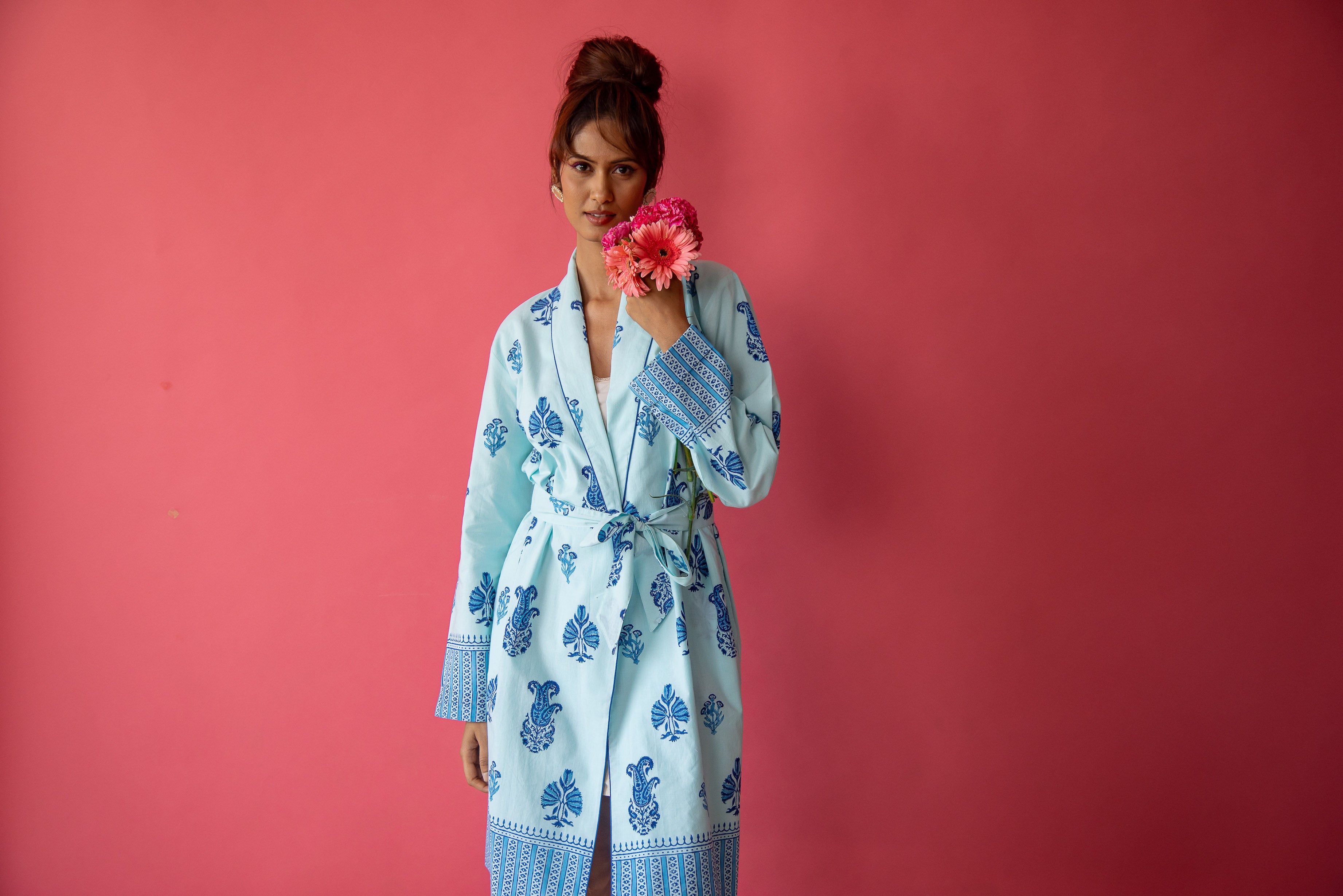 Botanical Shawl Robe Cotton Cambric Persian Blue
