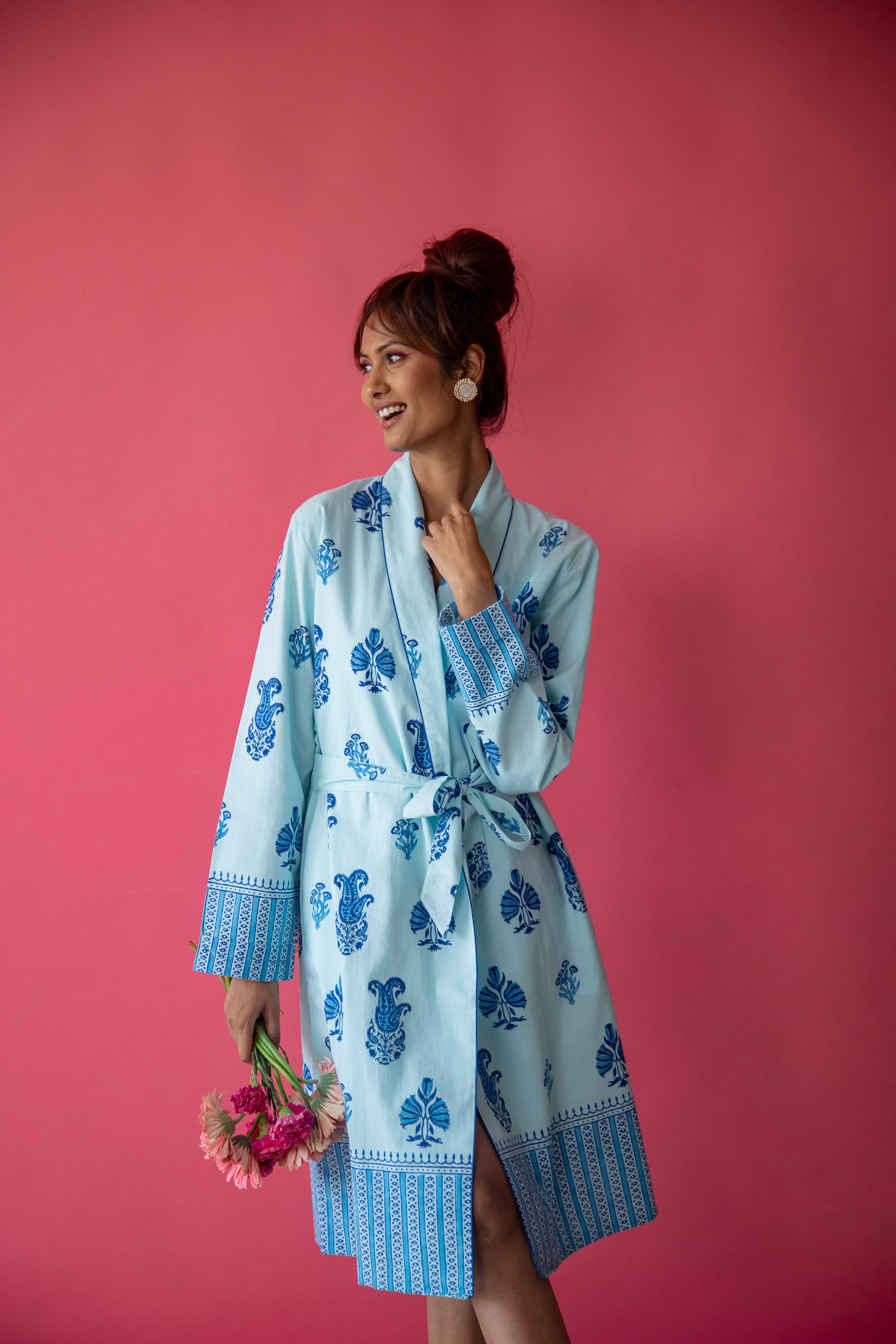 Botanical Shawl Robe Cotton Cambric Persian Blue