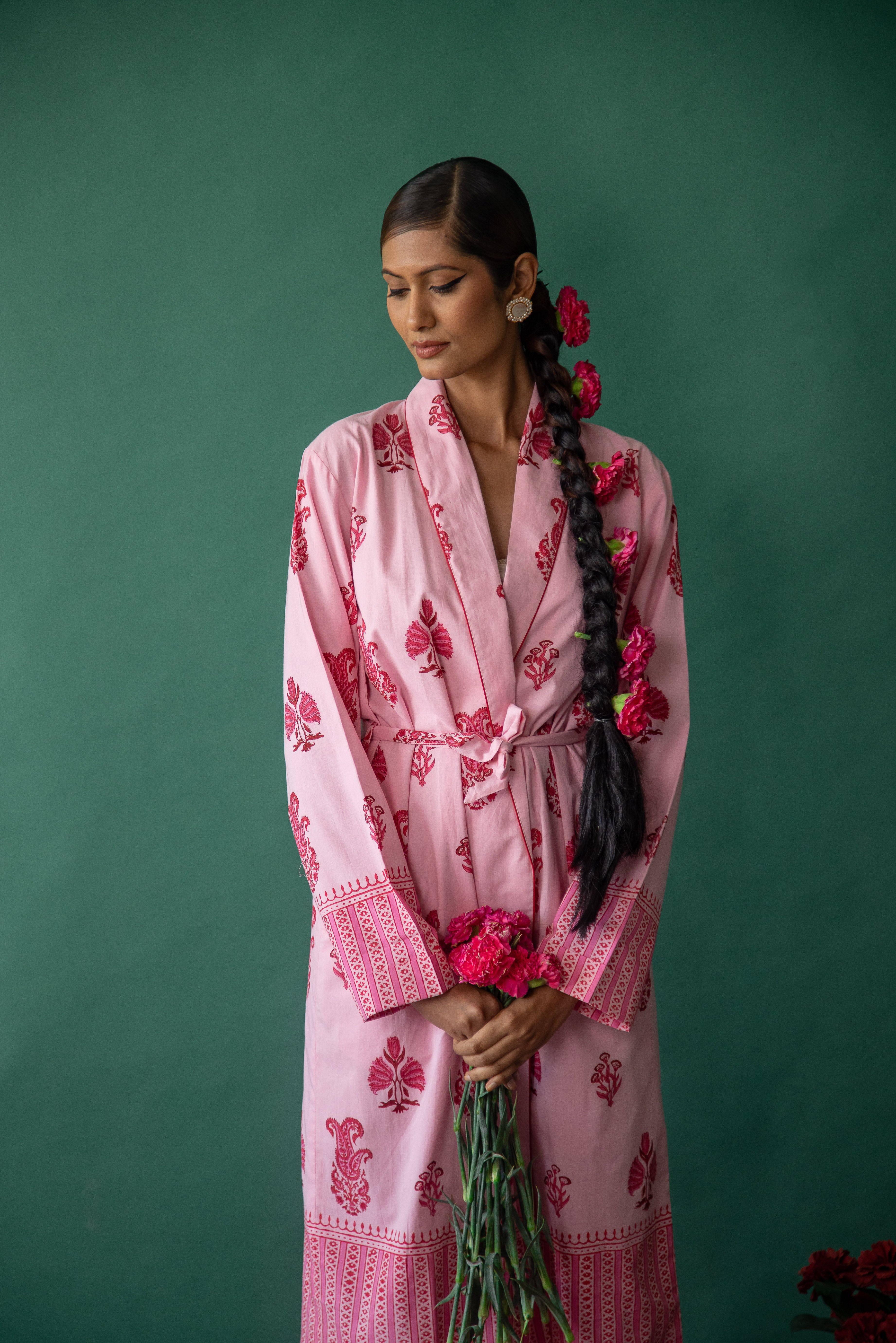 Botanical Shawl Robe Cotton Cambric Mid Pink