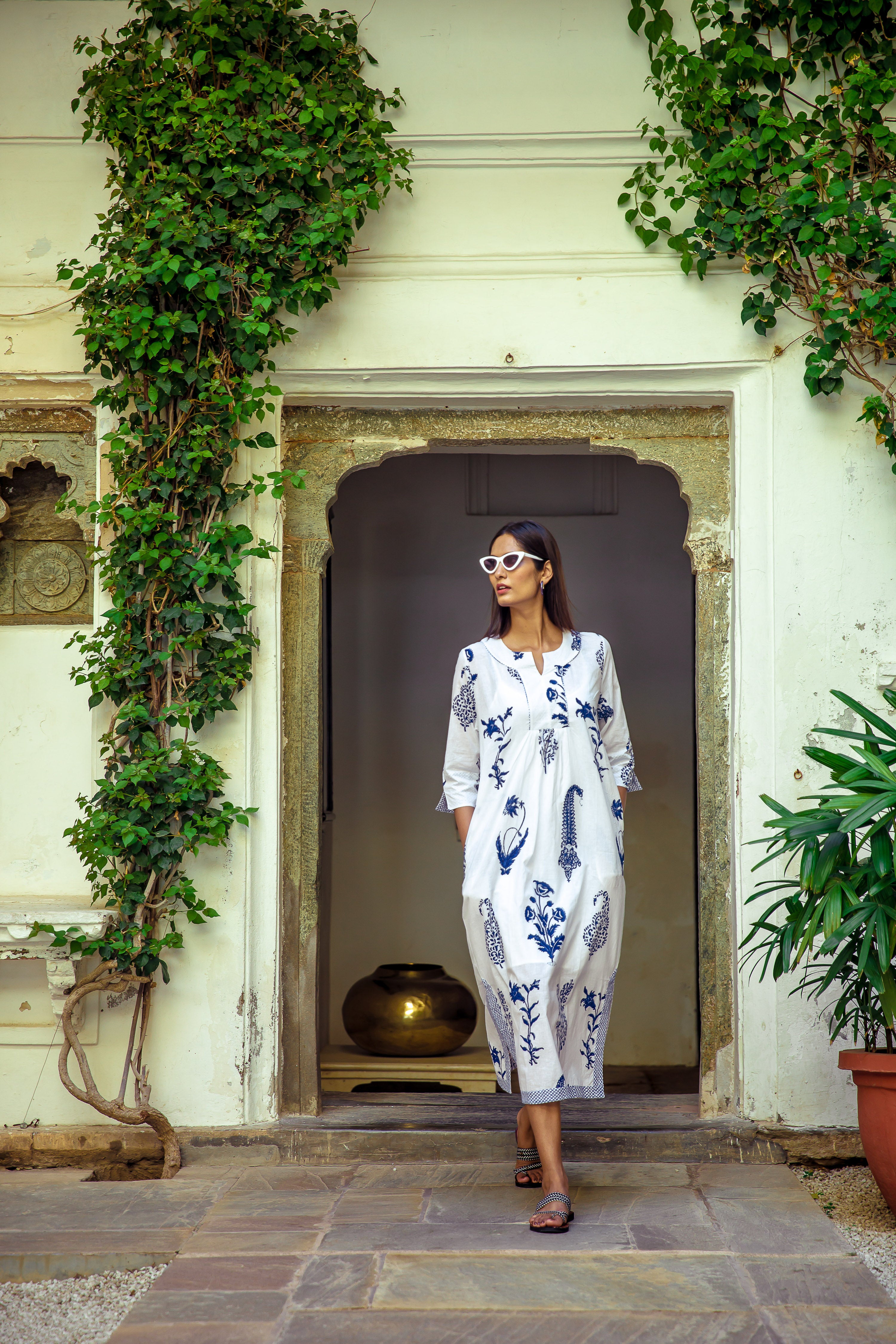 Botanical Maxi Dress Cotton Blue & White