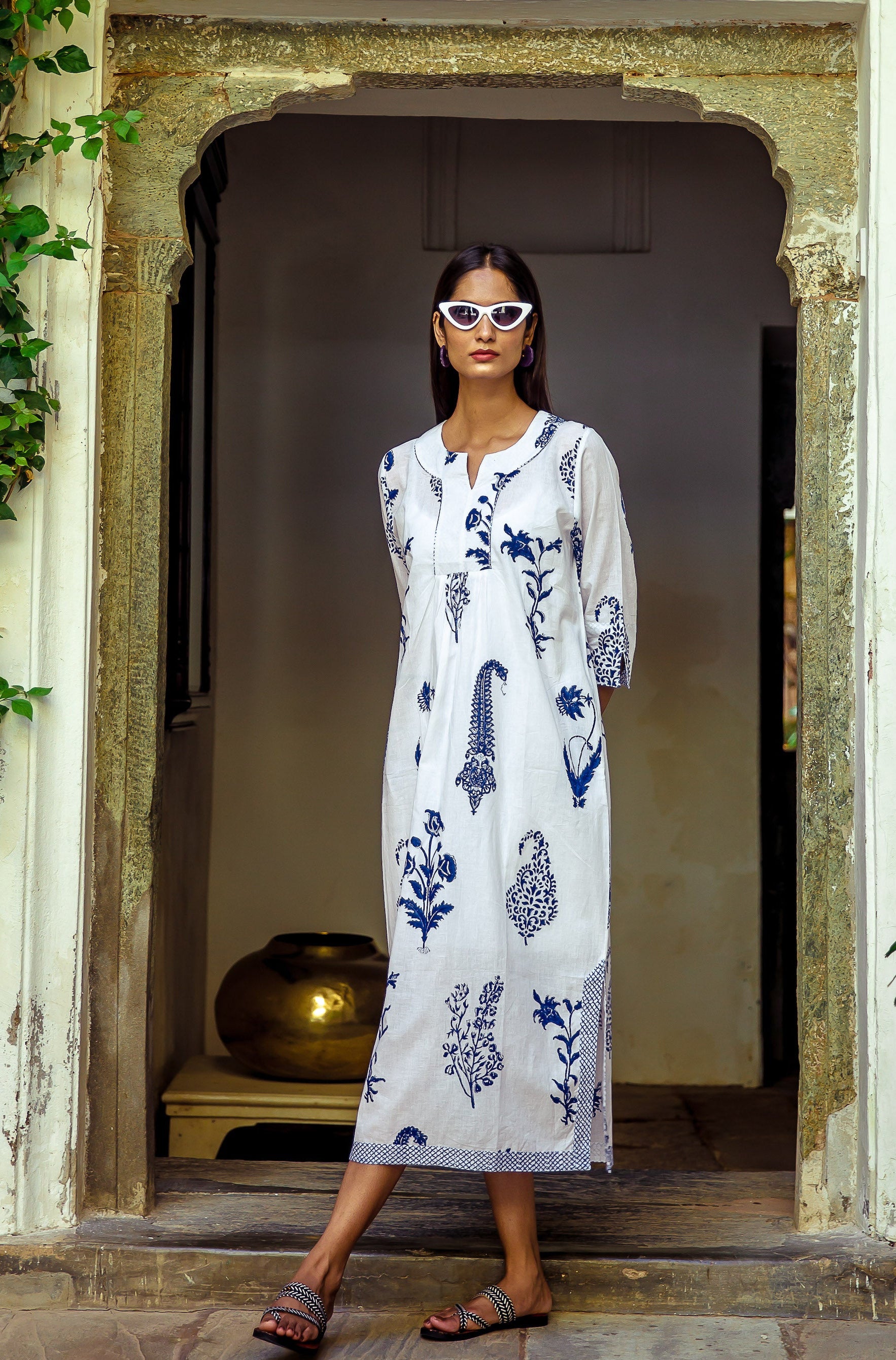 Botanical Maxi Dress Cotton Blue & White