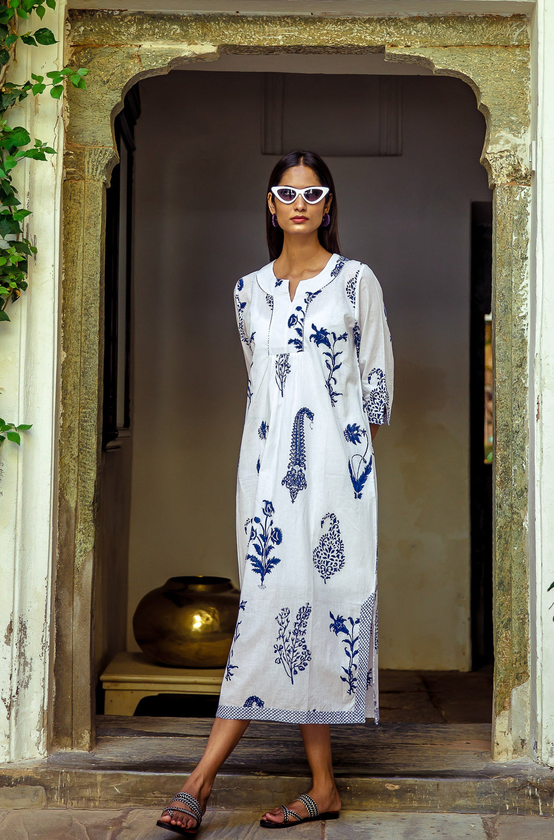 Botanical Maxi Dress Cotton Blue & White